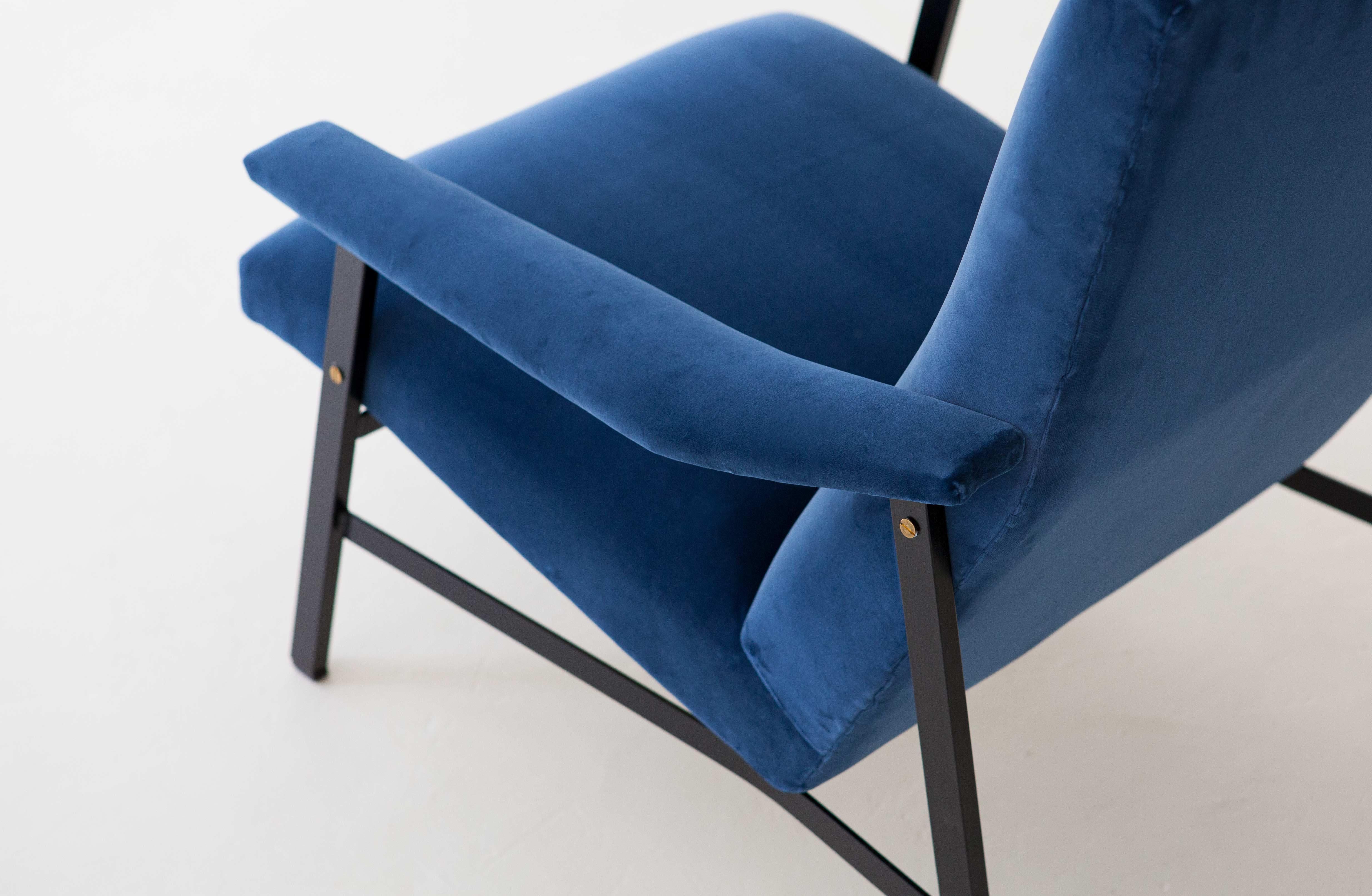 Brass Fully Restored 1950s Italian Blue Velvet and Black Iron Armchair