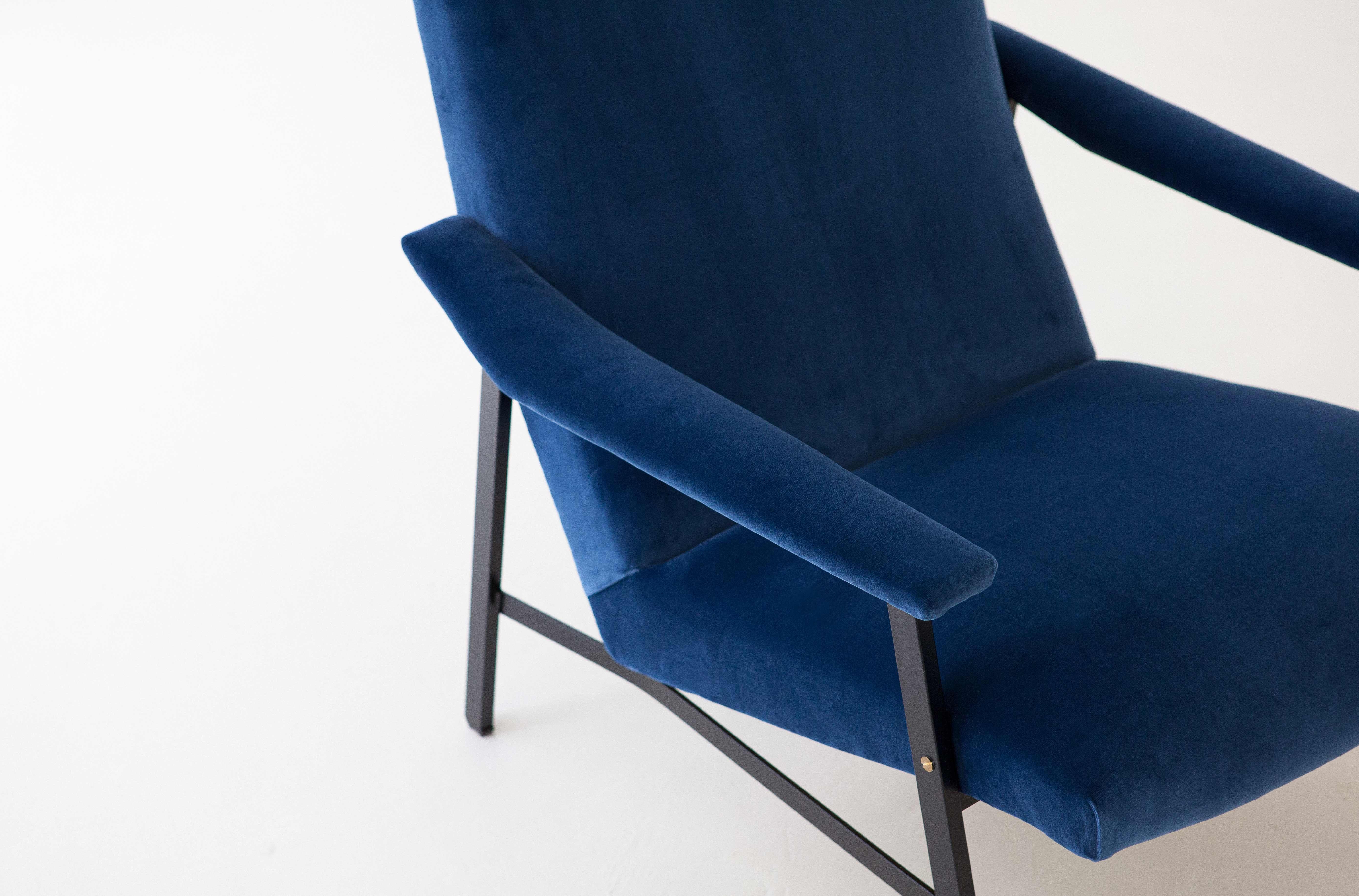 Fully Restored 1950s Italian Blue Velvet and Black Iron Armchair 3