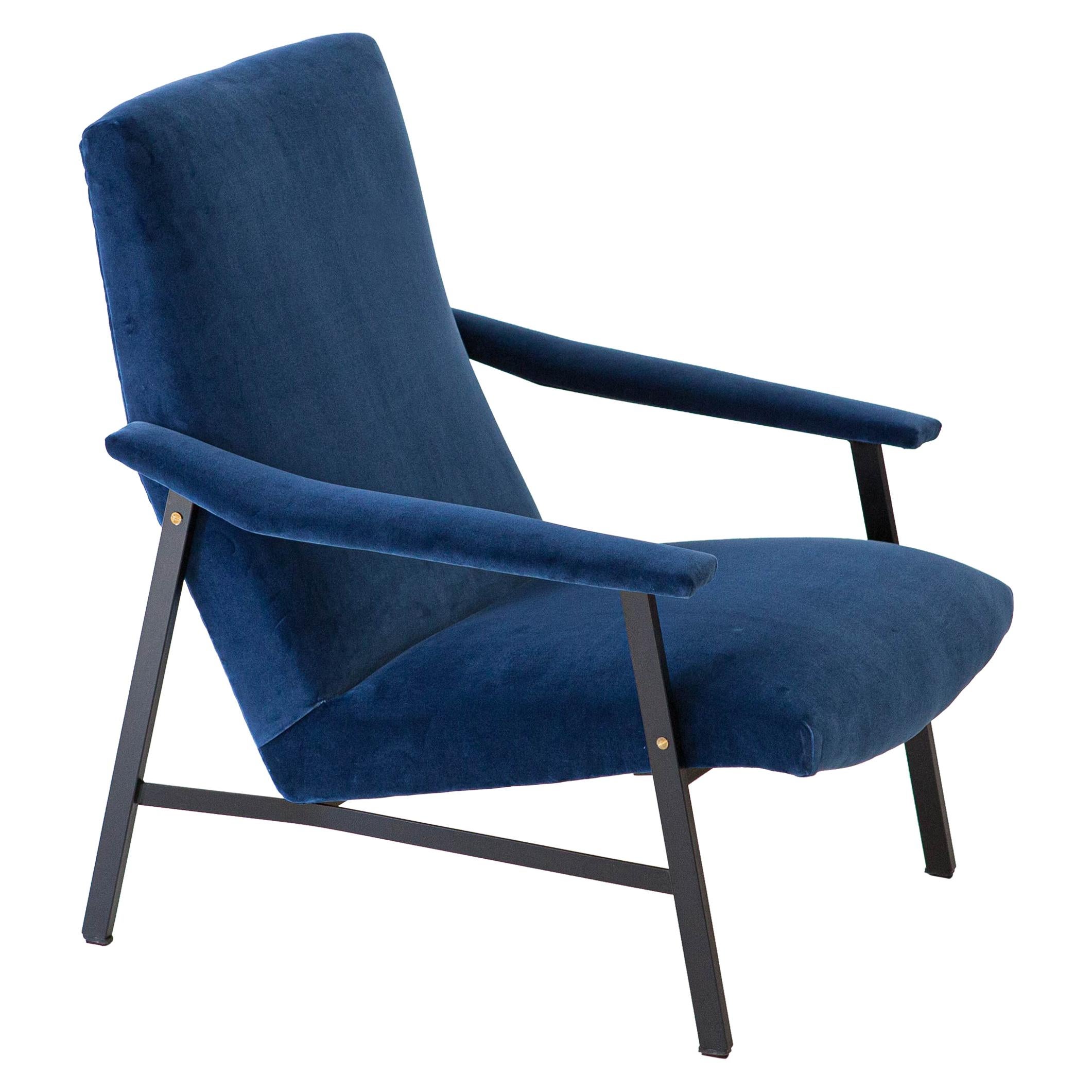 Fully Restored 1950s Italian Blue Velvet and Black Iron Armchair