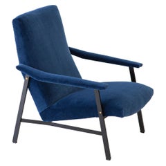 Fully Restored 1950s Italian Blue Velvet and Black Iron Armchair