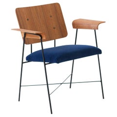 Fully Restored 1950s Italian Teak and Blue Velvet Desk Armchair