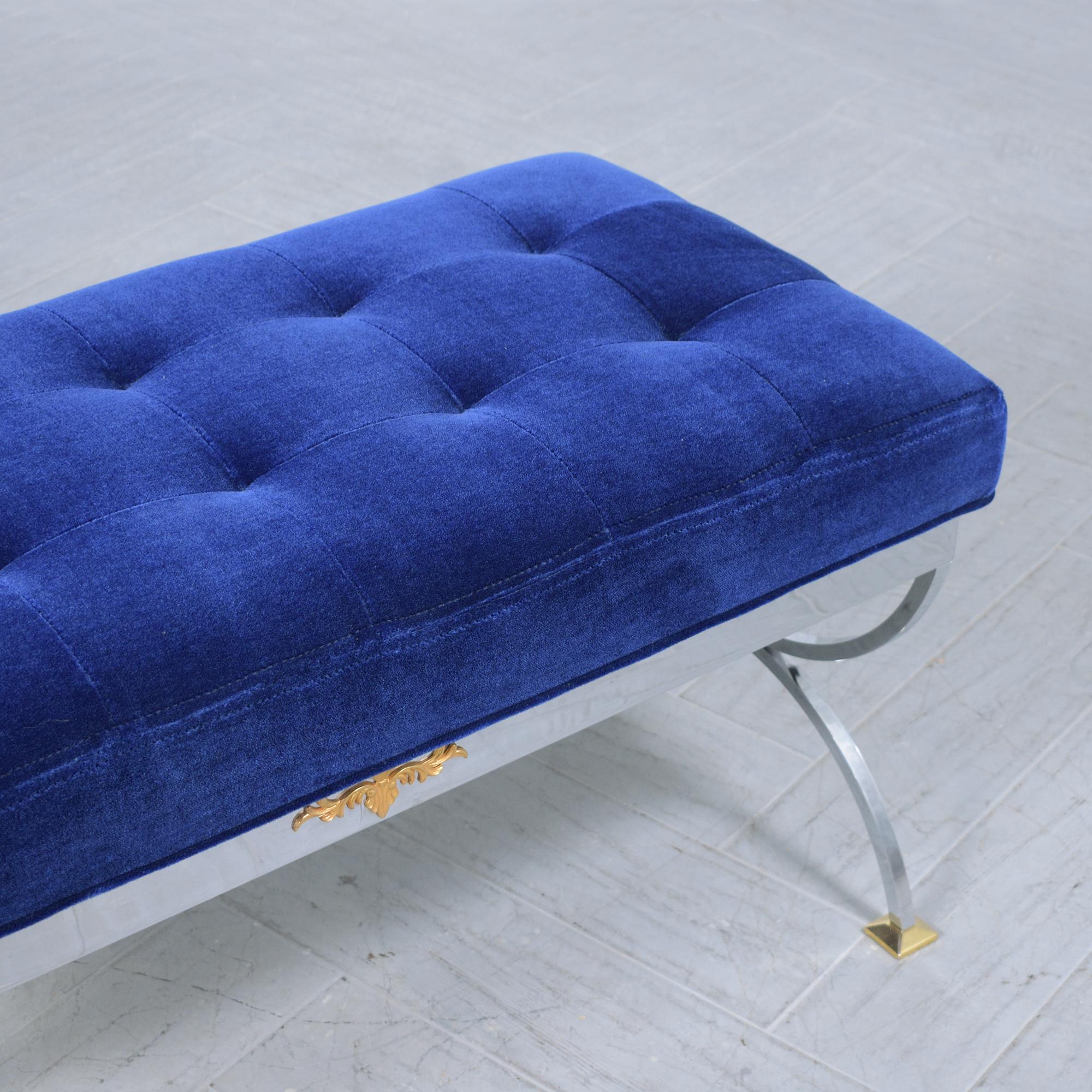Restored 1960 Chrome Steel Mid-Century Modern Bench with Navy Blue Mohair Velvet In Good Condition For Sale In Los Angeles, CA