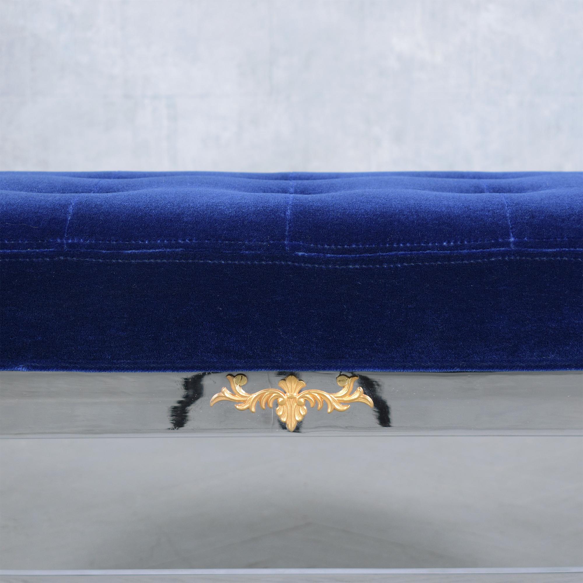 Polished Restored 1960 Chrome Steel Mid-Century Modern Bench with Navy Blue Mohair Velvet For Sale