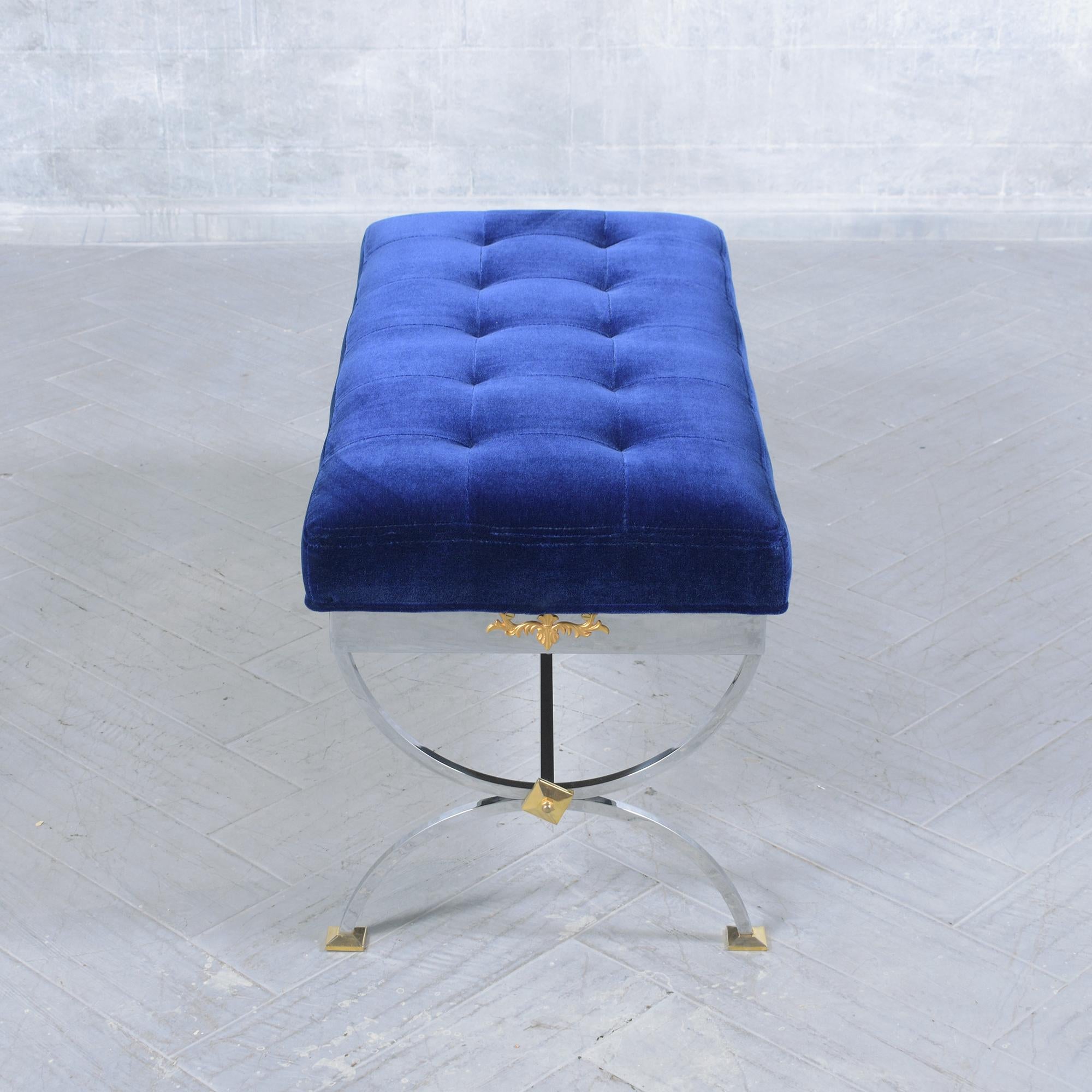 Upholstery Restored 1960 Chrome Steel Mid-Century Modern Bench with Navy Blue Mohair Velvet For Sale