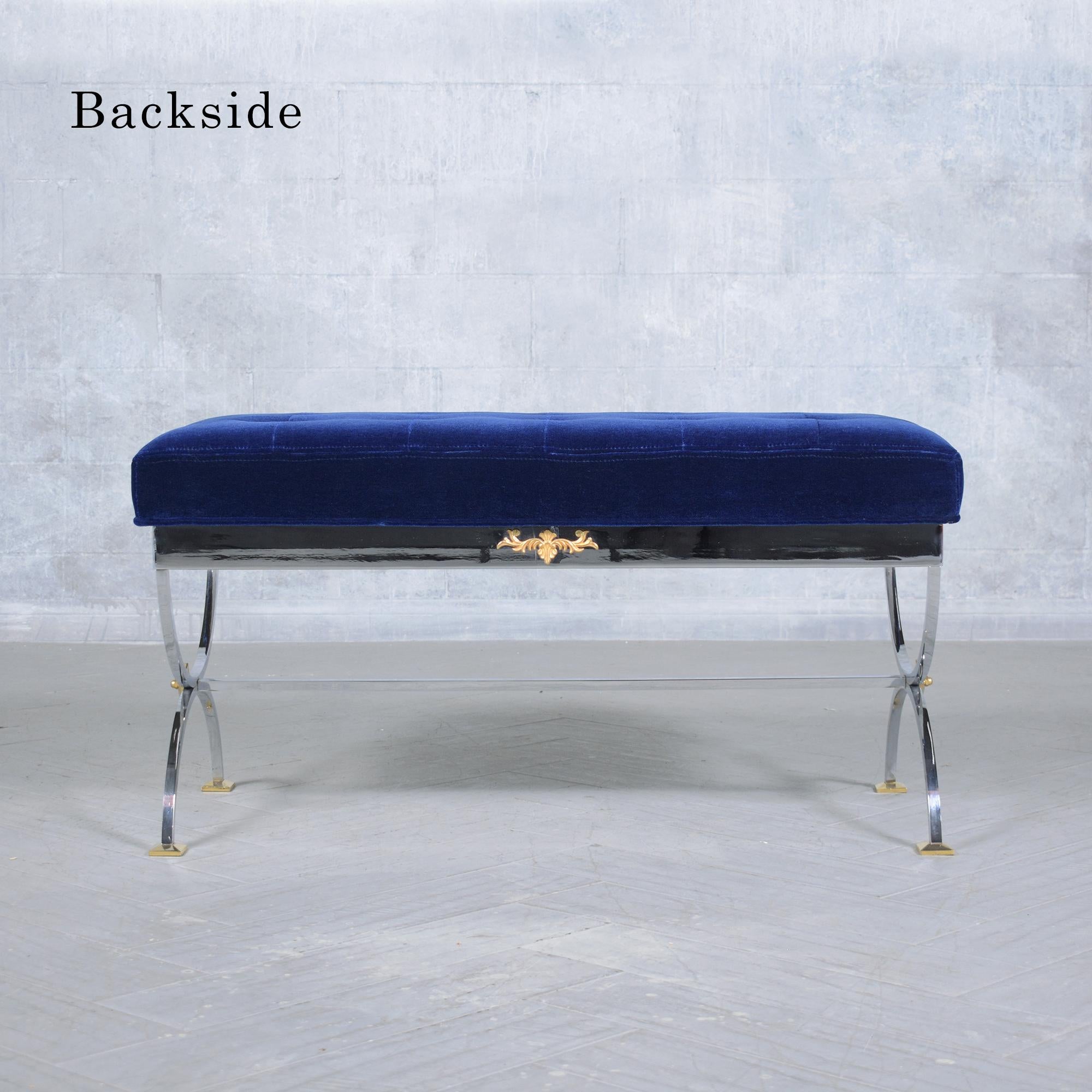 Restored 1960 Chrome Steel Mid-Century Modern Bench with Navy Blue Mohair Velvet For Sale 3