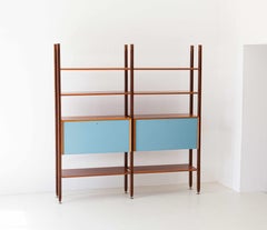 Fully Restored 1960s Teak Modular Bookshelf with Light Blue Doors