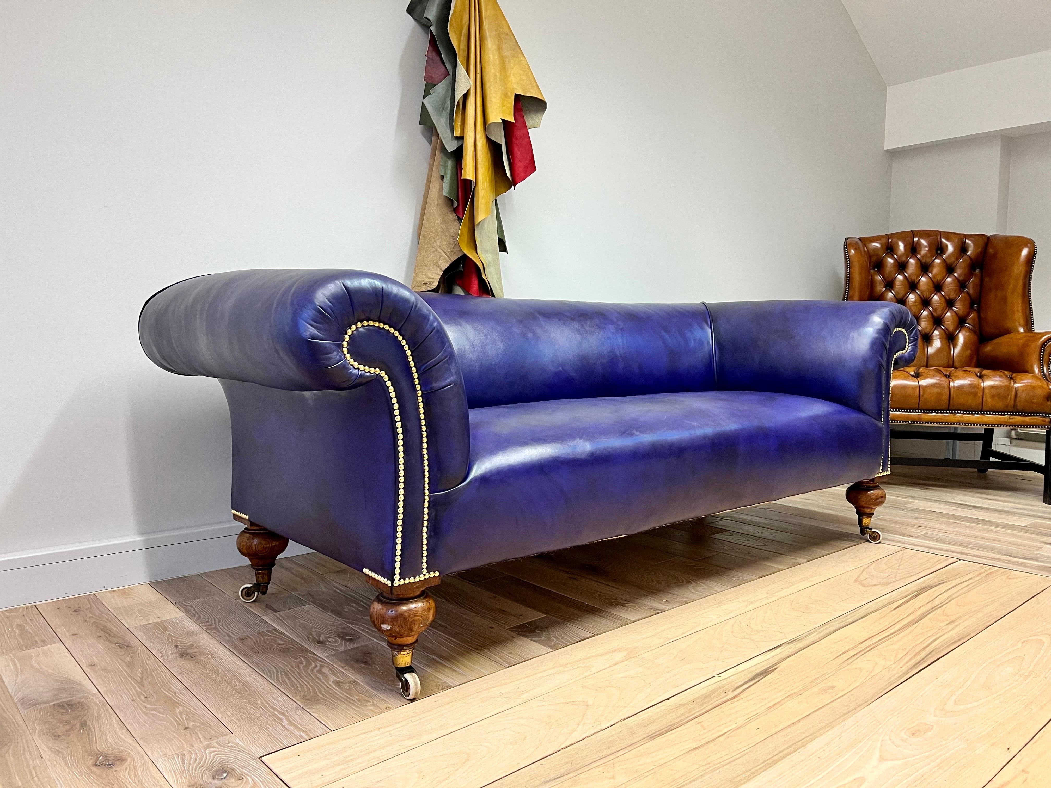 British Fully Restored 19thC Chesterfield Sofa in Hand Dyed Leathers For Sale