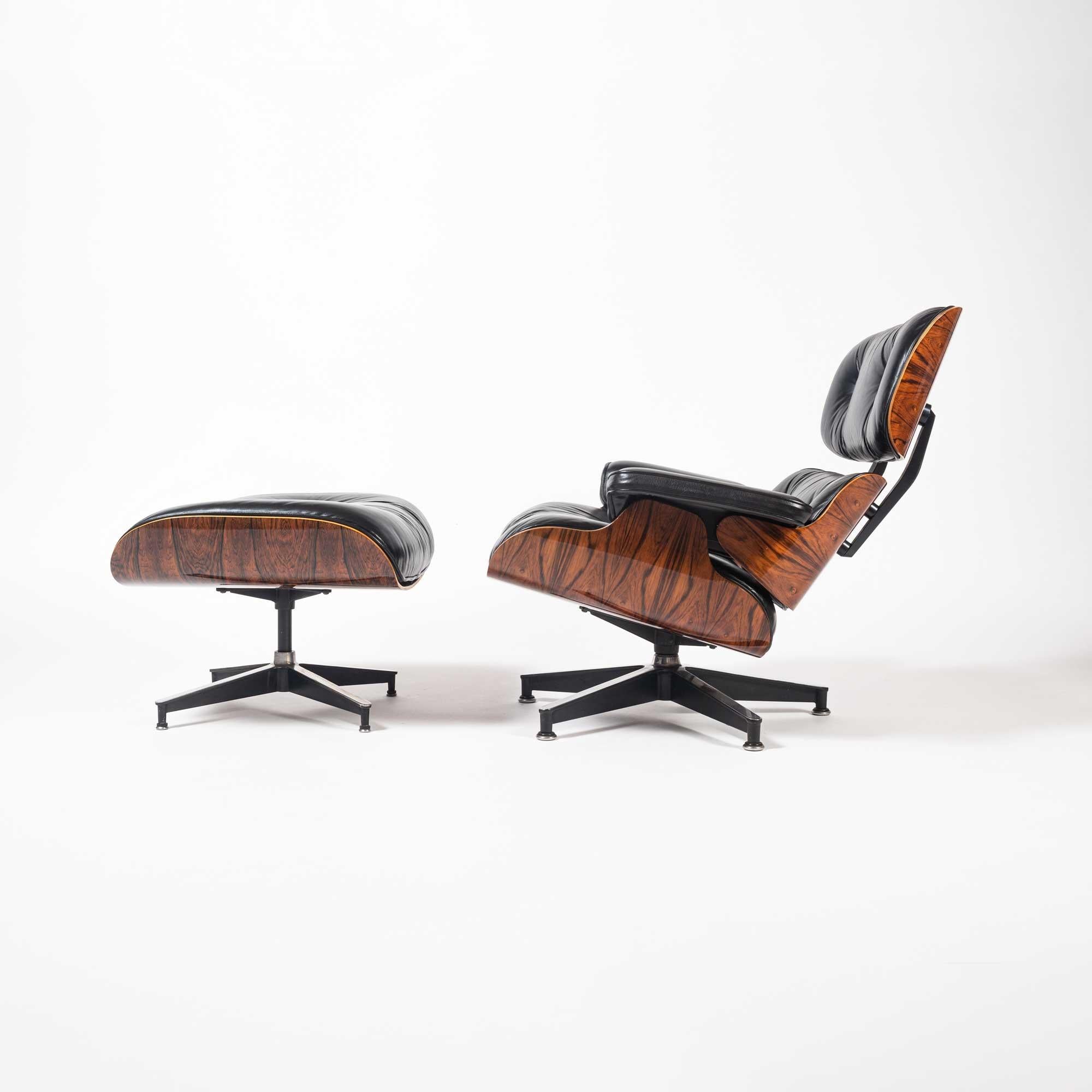 Prominent grain 3rd Gen Eames lounge chair with ottoman fully restored. New shock mounts, restored original leather and oiled shells, re-polished steel frame.