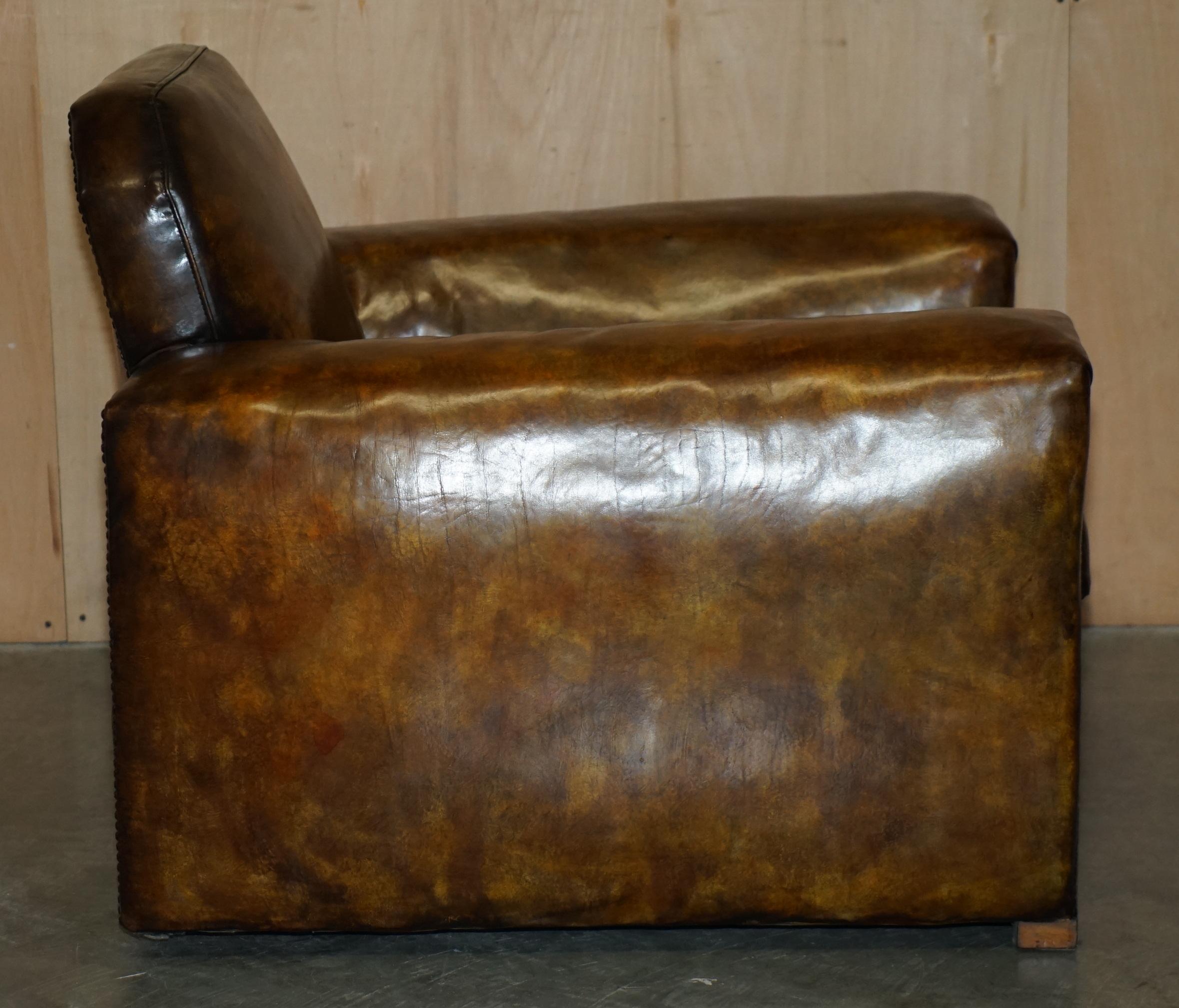 FULLY RESTORED ANTIQUE ART DECO BROWN LEATHER WALNUT FRAMED CLUB ODEON ARMCHAiR For Sale 4