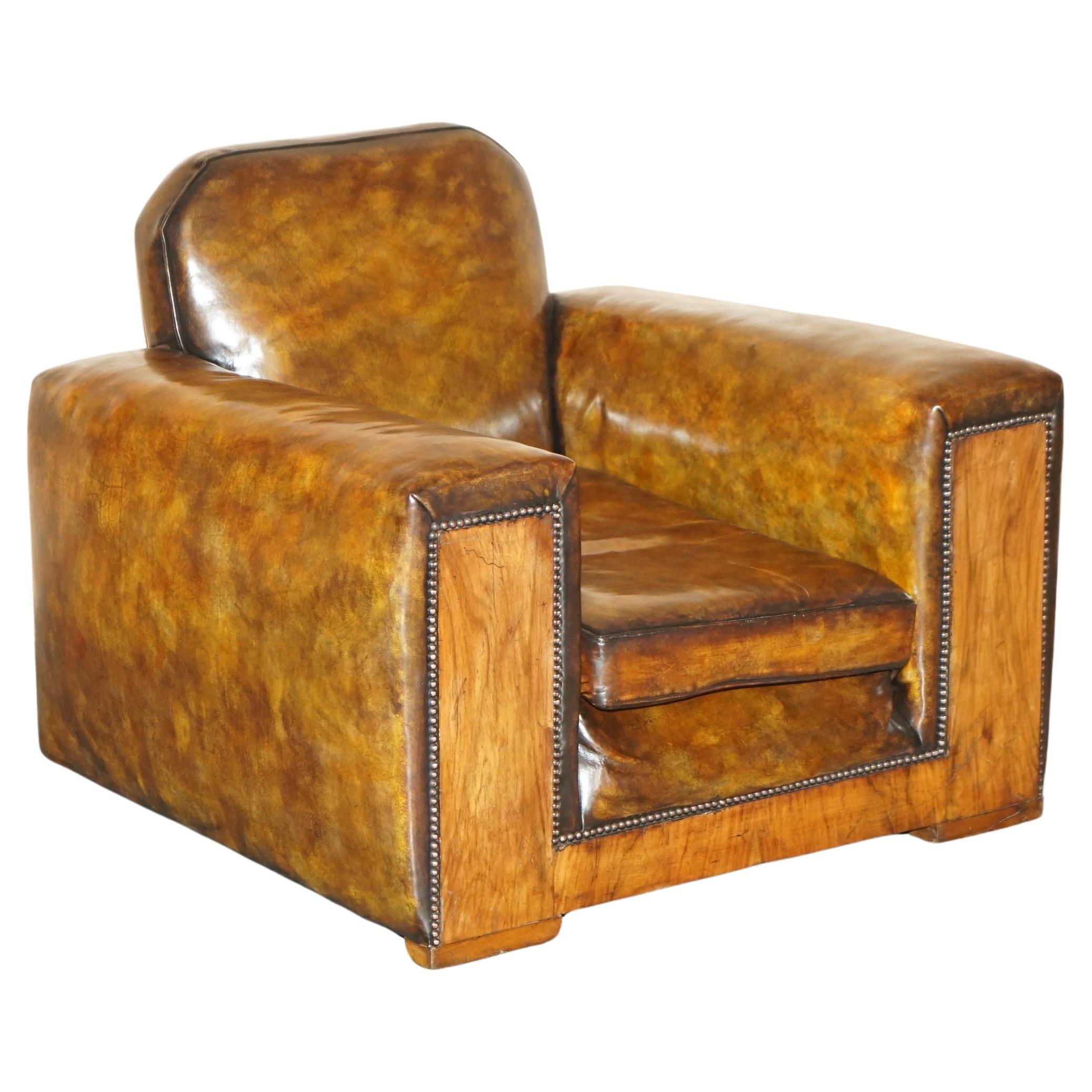 FULLY RESTORED ANTIQUE ART DECO BROWN LEATHER WALNUT FRAMED CLUB ODEON ARMCHAiR For Sale