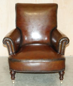 FULLY RESTORED ANTIQUE CIRCA 1920's ART DECO DEEP BROWN LEATHER CLUB ARMCHAIR
