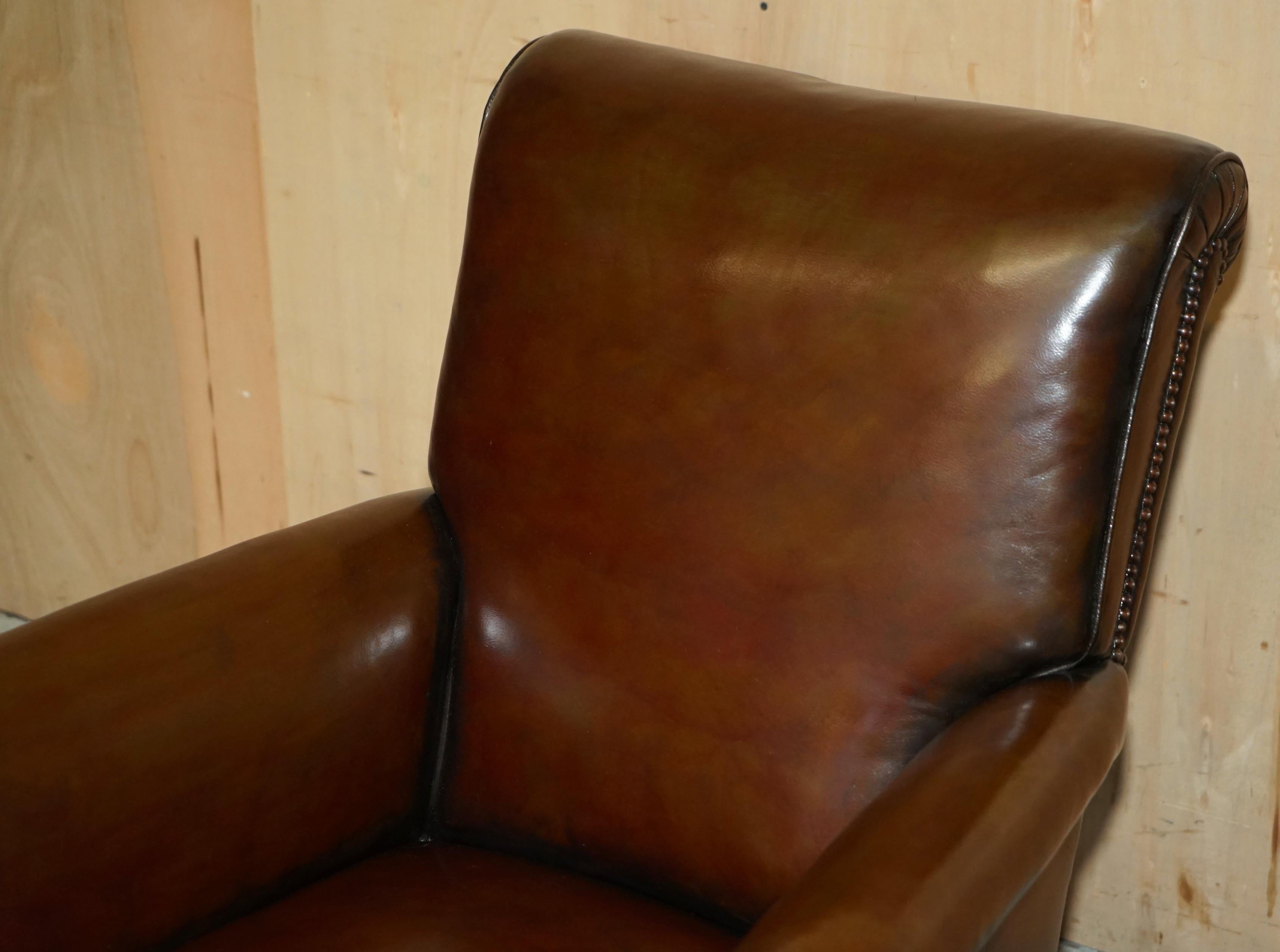 antiguo sillón de cuero marrón de los años 20 art deco completamente restaurado Art Decó en venta