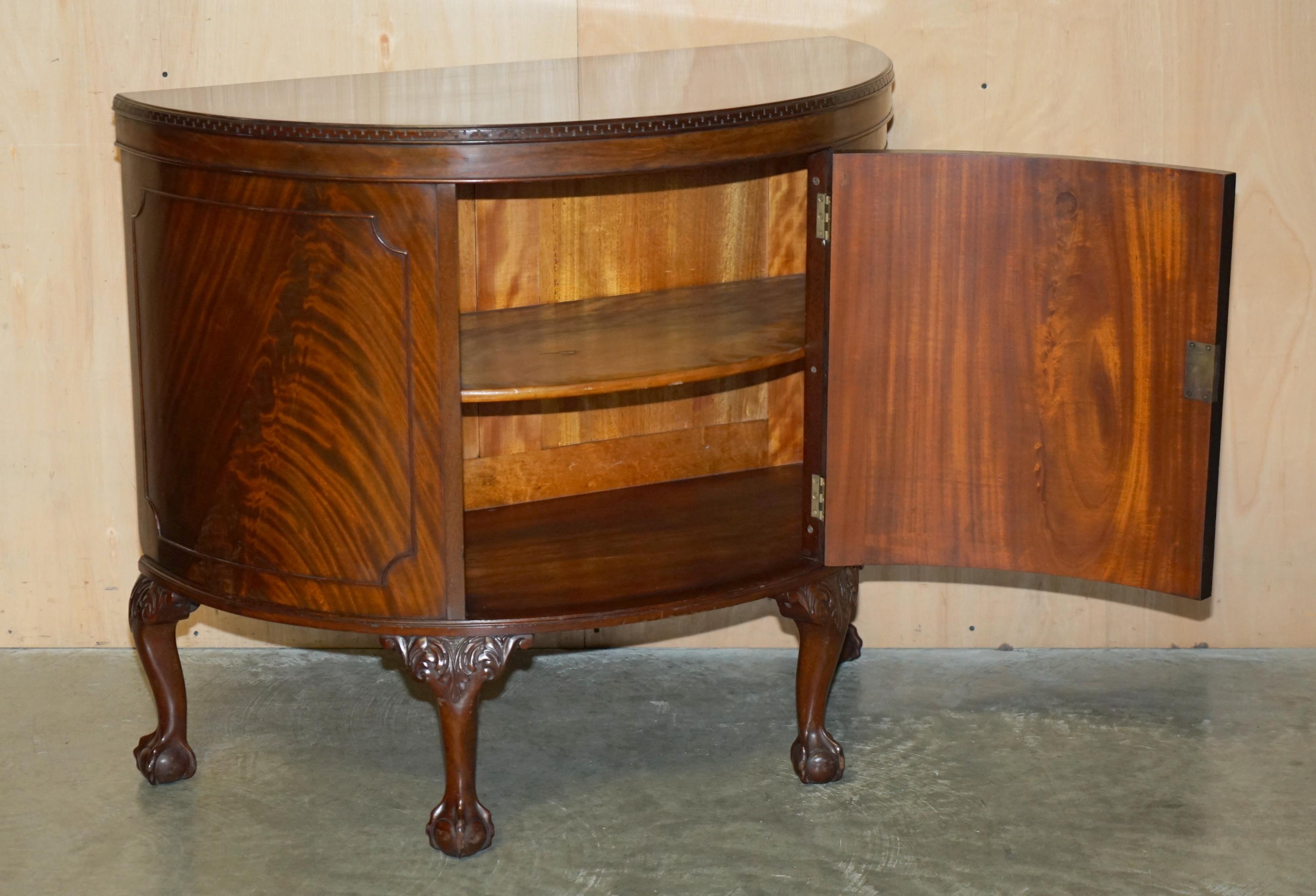 FULLY RESTORED ANTiQUE FLAMED HARDWOOD CLAW & BALL FOOT DEMI LUNE SIDEBOARD For Sale 11
