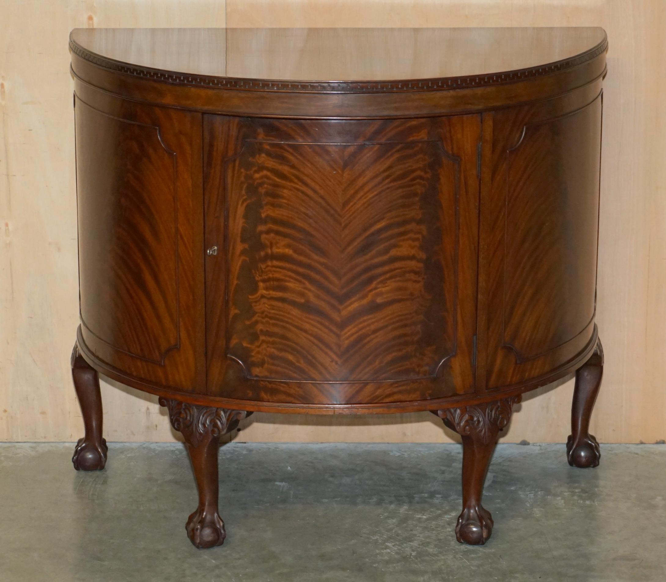 Edwardian FULLY RESTORED ANTiQUE FLAMED HARDWOOD CLAW & BALL FOOT DEMI LUNE SIDEBOARD For Sale
