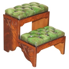 FULLY RESTORED ANTIQUE FLAMED HARDWOOD GREEN LEATHER CHESTERFIELD LIBRARY STEPs