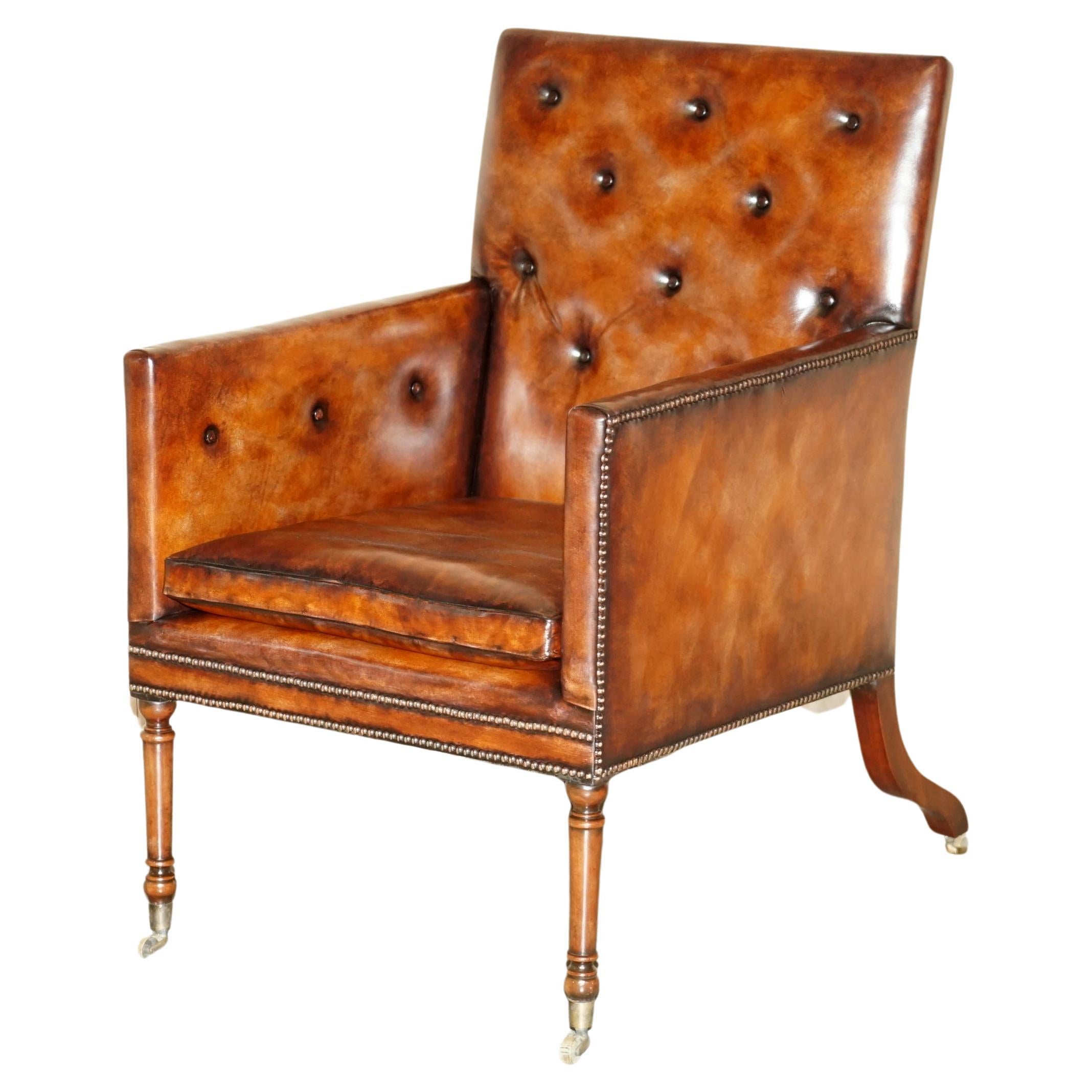 Fully Restored Antique George III circa 1780 Brown Leather Chesterfield Armchair For Sale