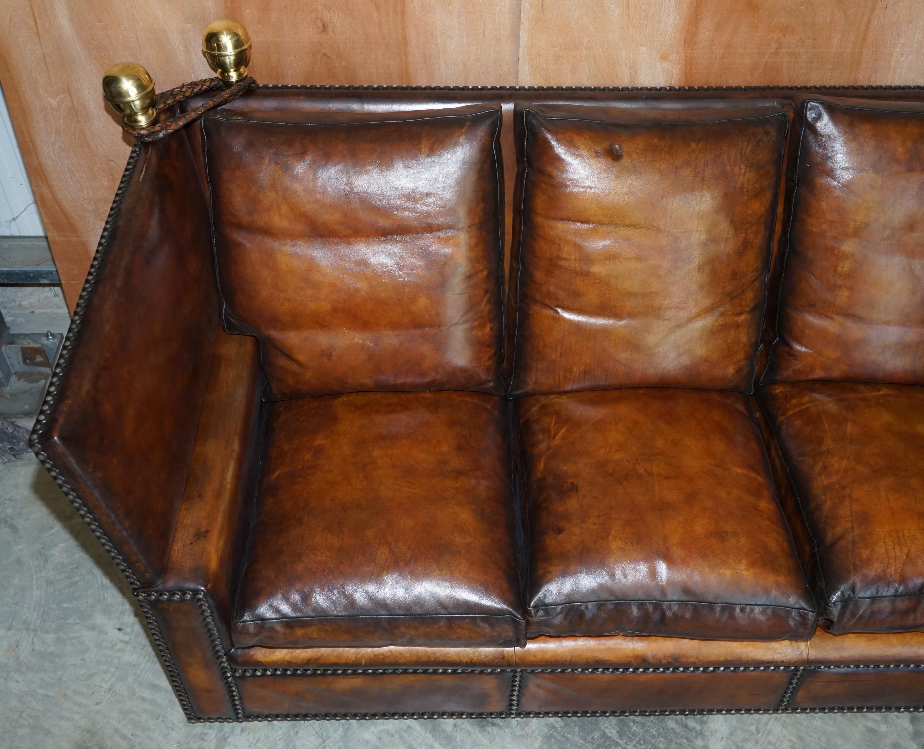 Fully Restored Antique Hand Dyed Brown Leather Four Seater Knoll Drop Arm Sofa For Sale 1