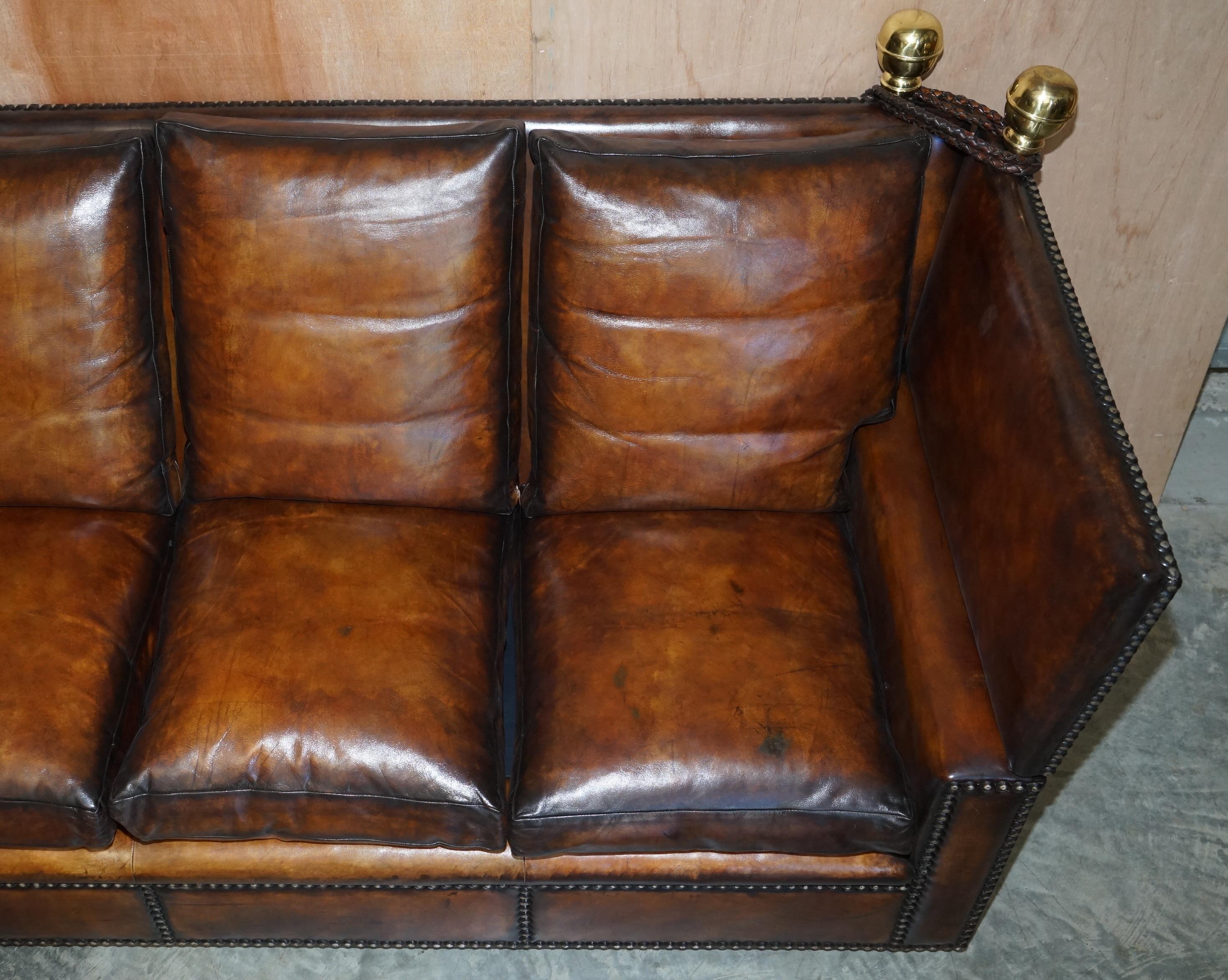 Fully Restored Antique Hand Dyed Brown Leather Four Seater Knoll Drop Arm Sofa For Sale 2