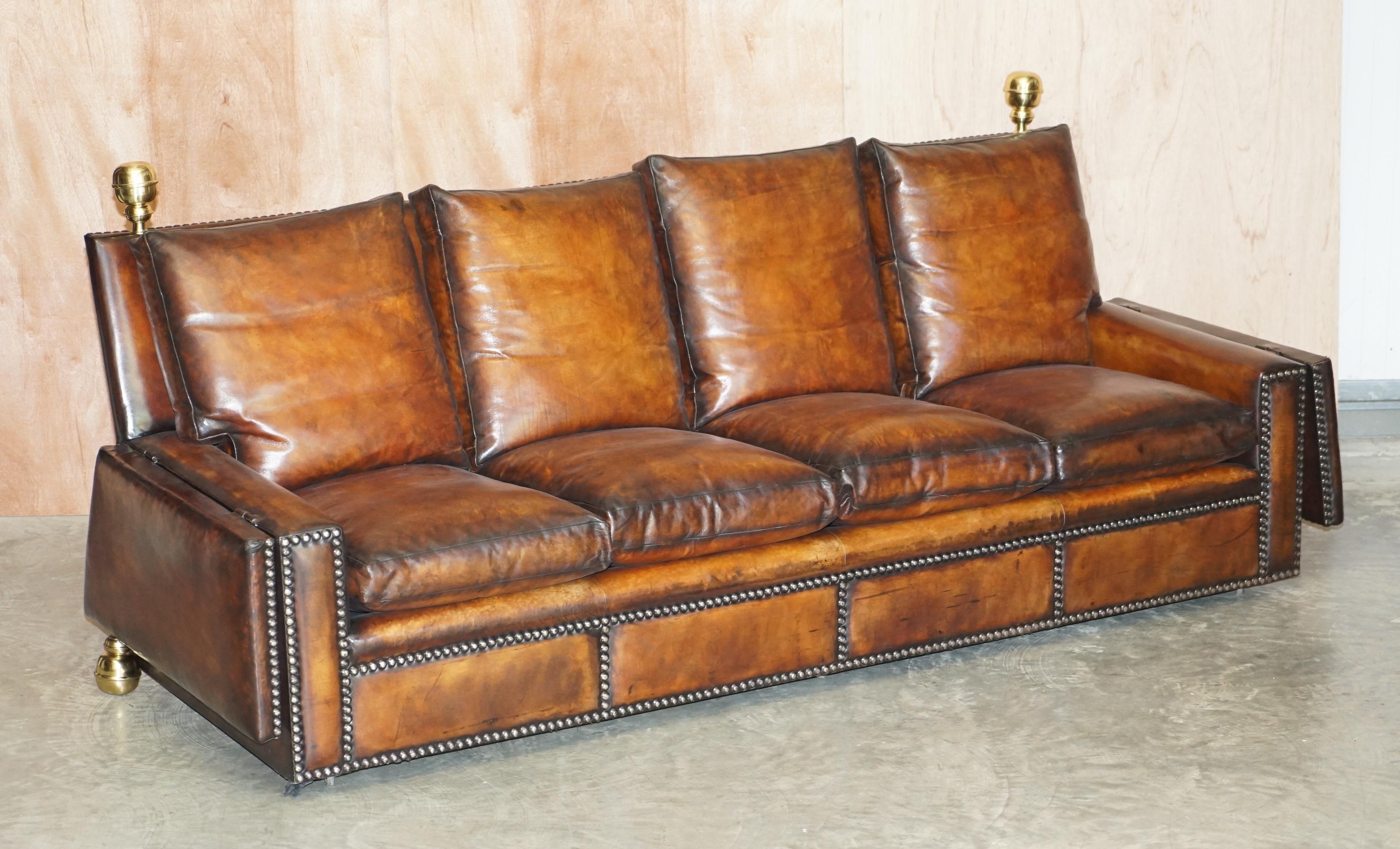 Fully Restored Antique Hand Dyed Brown Leather Four Seater Knoll Drop Arm Sofa For Sale 8