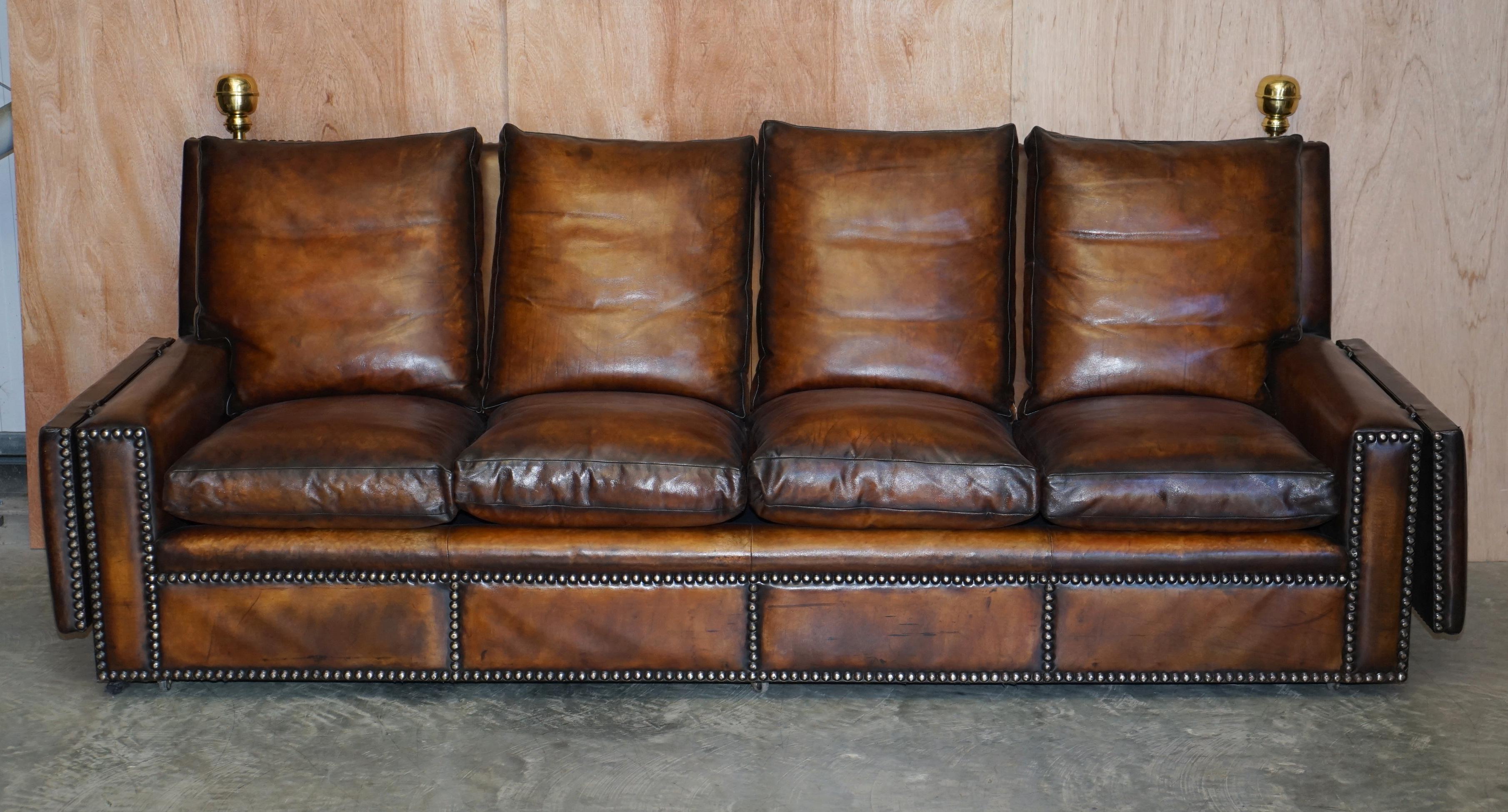 Fully Restored Antique Hand Dyed Brown Leather Four Seater Knoll Drop Arm Sofa For Sale 9