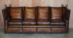 Fully Restored Antique Hand Dyed Brown Leather Four Seater Knole Drop Arm Sofa