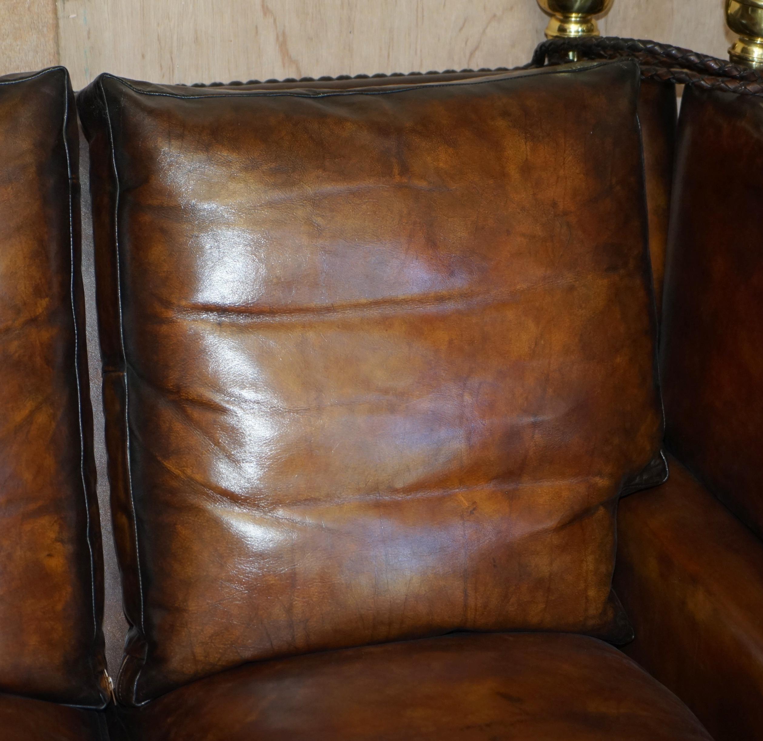 Hand-Crafted Fully Restored Antique Hand Dyed Brown Leather Four Seater Knoll Drop Arm Sofa For Sale