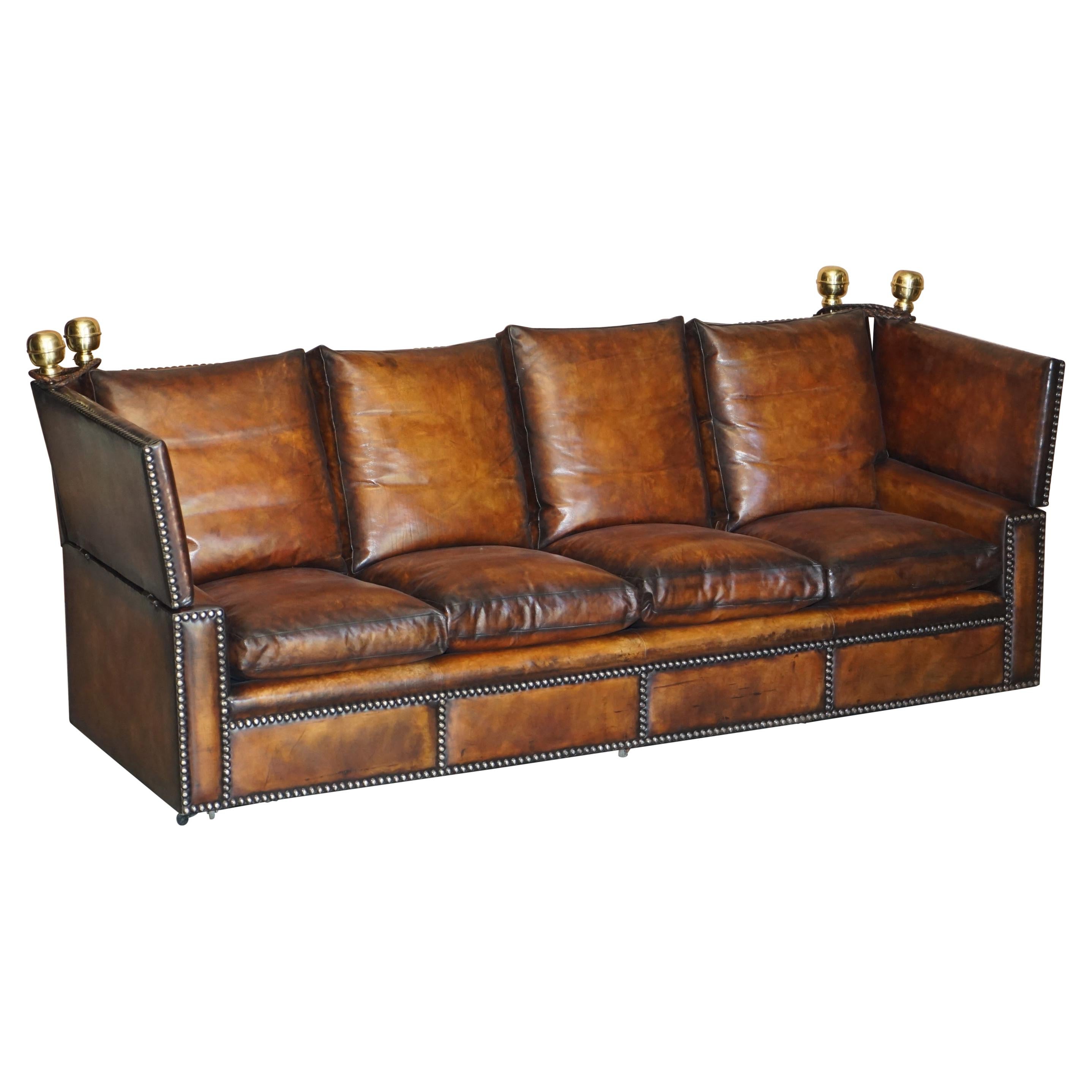 Fully Restored Antique Hand Dyed Brown Leather Four Seater Knoll Drop Arm Sofa For Sale