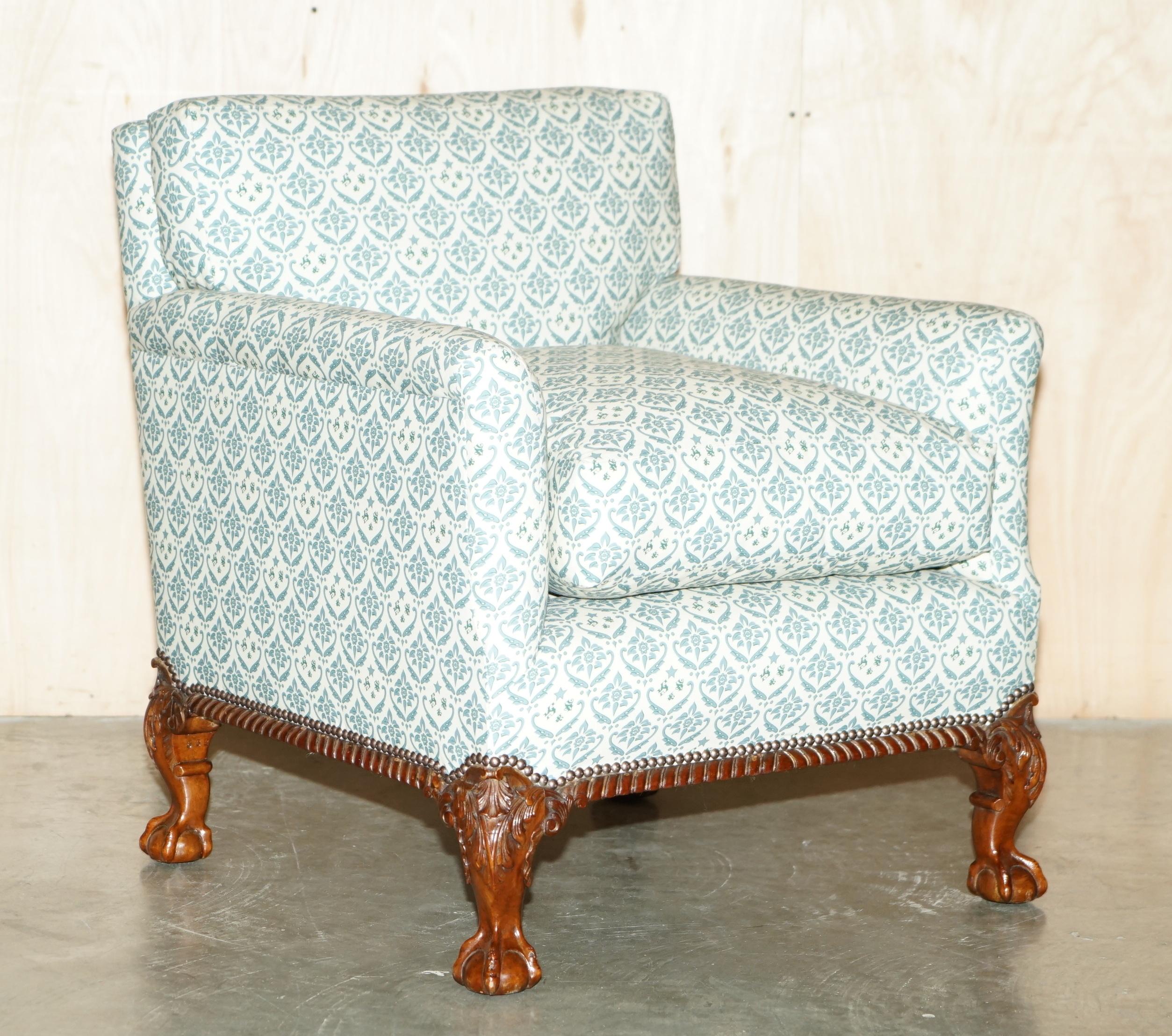 Hand-Crafted FULLY RESTORED ANTIQUE HOWARD & SON'S CLAW & BALL FEET ARMCHAIR TICKING FABRiC For Sale