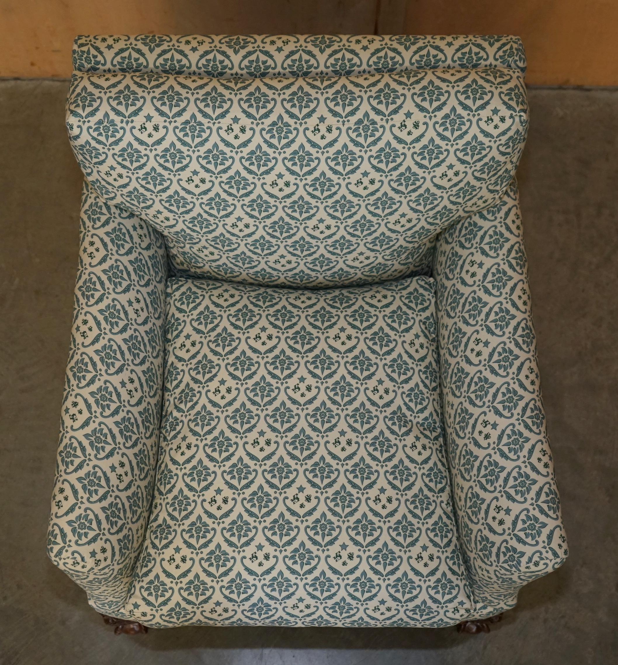 Upholstery FULLY RESTORED ANTIQUE HOWARD & SON'S CLAW & BALL FEET ARMCHAIR TICKING FABRiC For Sale