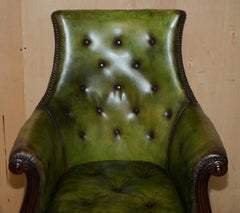 FULLY RESTORED ANTiQUE REGENCY CIRCA 1810 GREEN LEATHER CHESTERFIELD ARMCHAIR