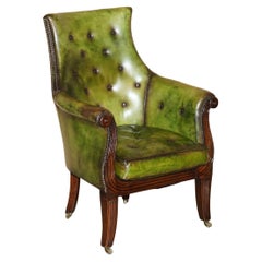 FULLY RESTORED ANTiQUE REGENCY CIRCA 1810 GREEN LEATHER CHESTERFIELD ARMCHAIR
