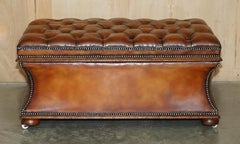 tabouret d'ottomane en cuir de chesterfield marron entièrement restauré