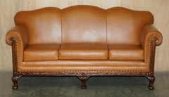 FULLY RESTORED ANTiQUE VICTORIAN HUMP BACK COGNAC BROWN LEATHER THREE SEAT SOFA