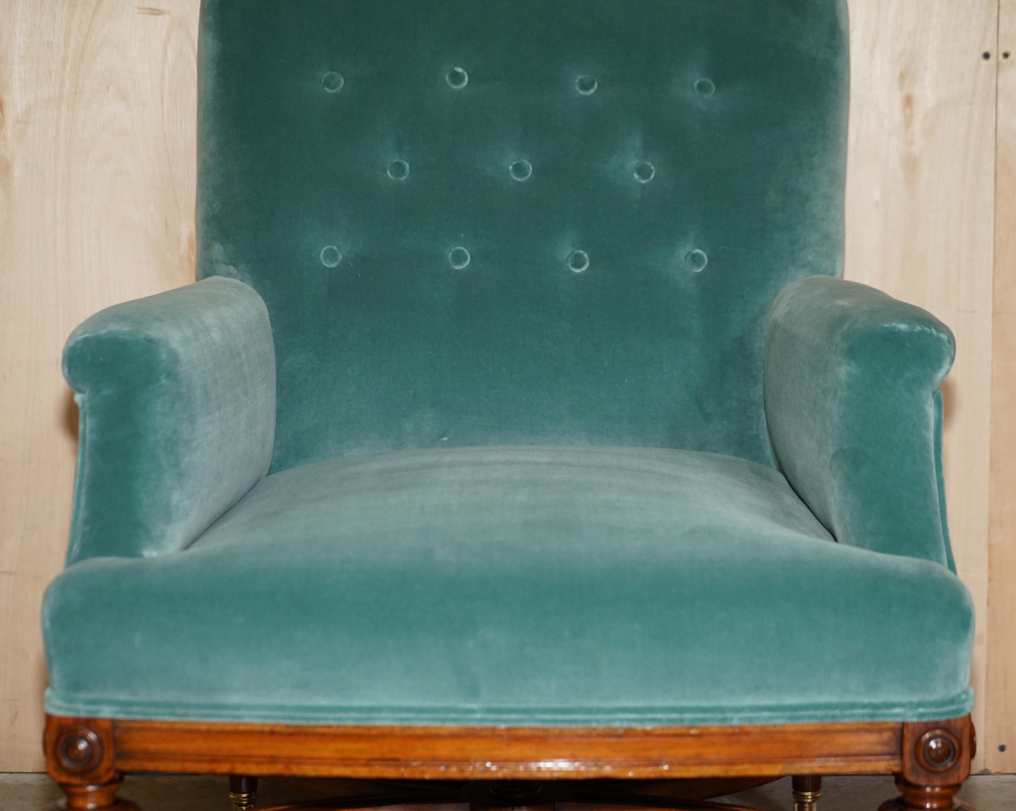 English FULLY RESTORED ANTIQUE VICTORIAN LIBRARY ARMCHAiR MULBERRY VELVET UPHOLSTERY For Sale