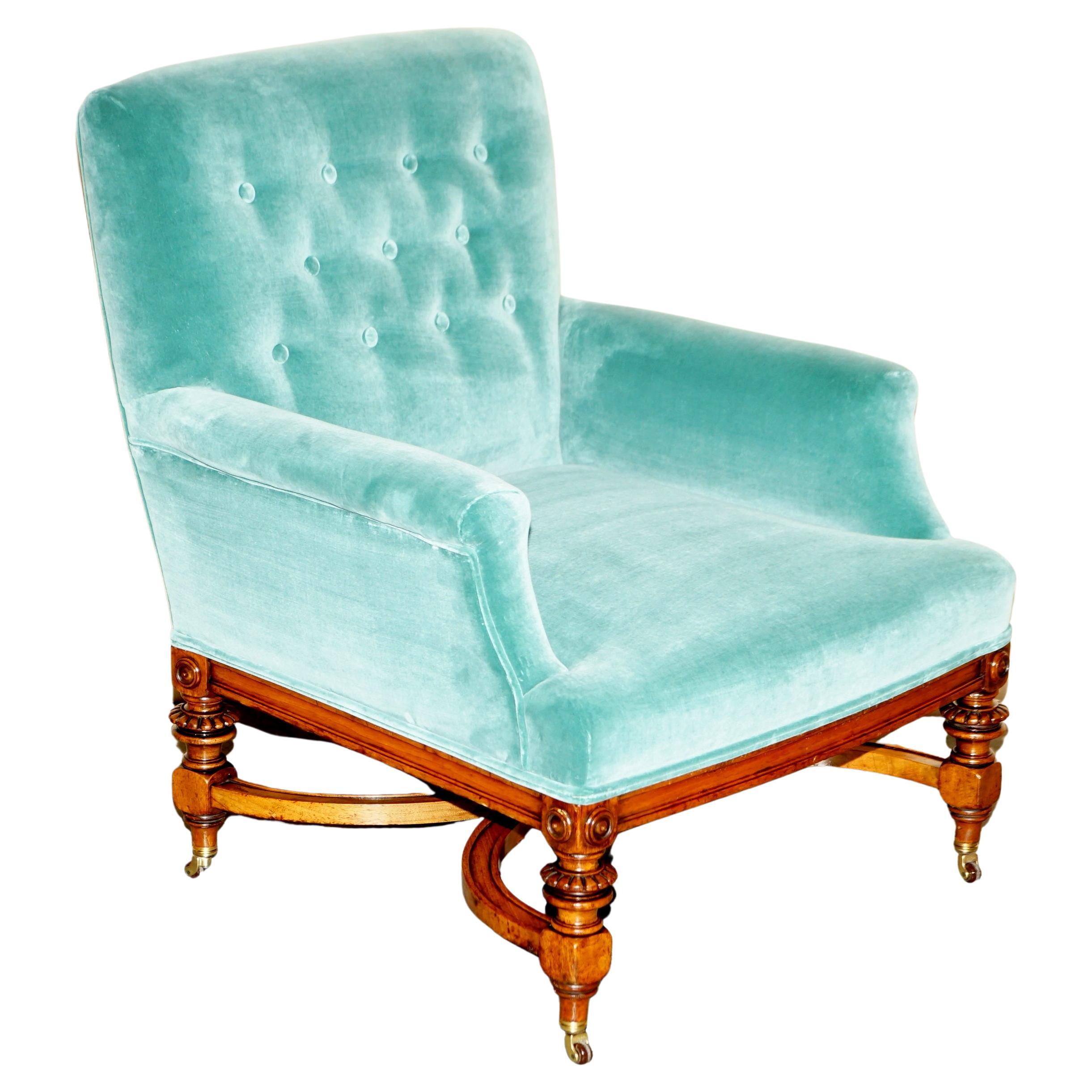 FULLY RESTORED ANTIQUE VICTORIAN LIBRARY ARMCHAiR MULBERRY VELVET UPHOLSTERY For Sale