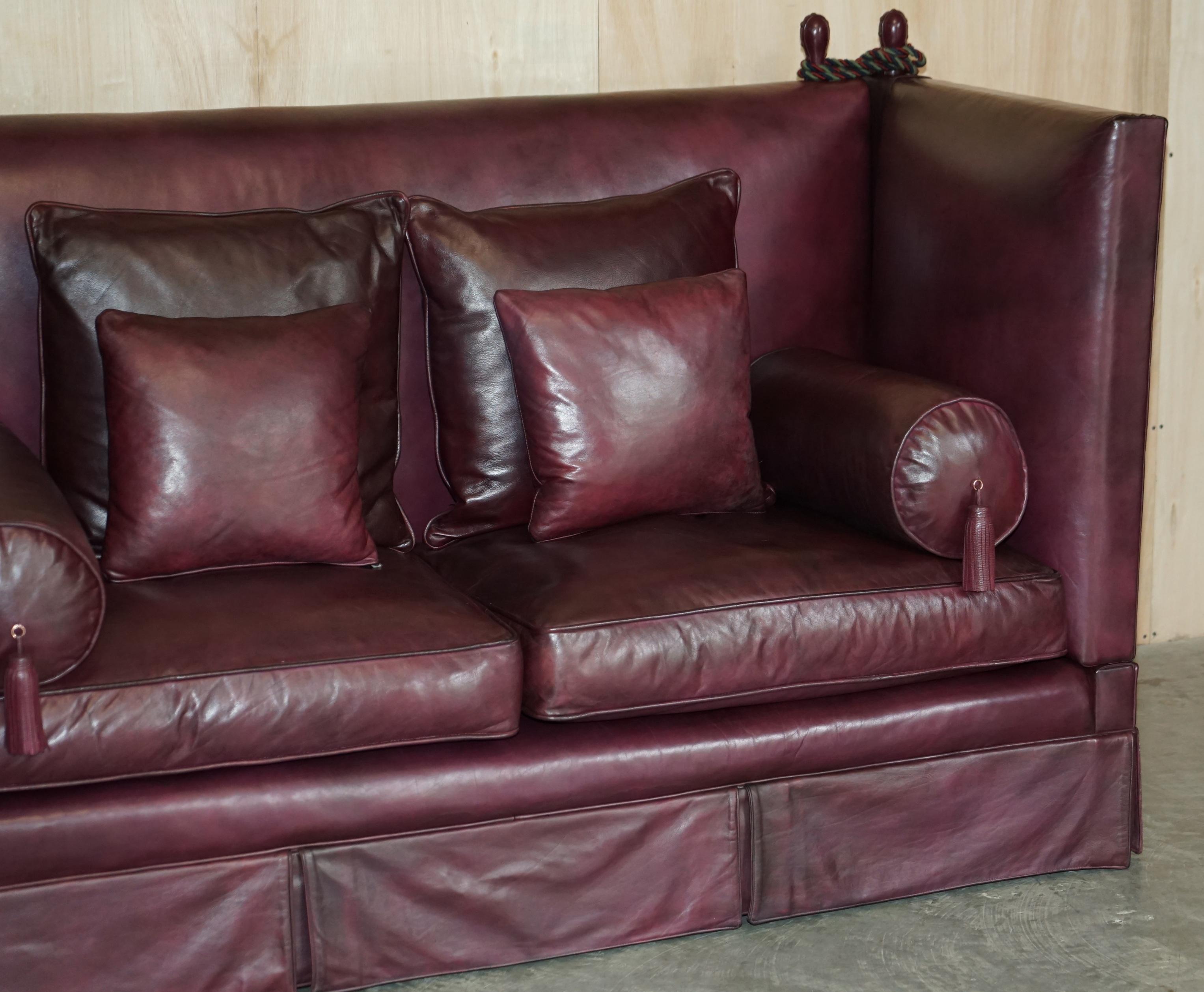 English Fully Restored Antique Victorian Oxblood Knoll Sofa Feather Filled Cushions For Sale