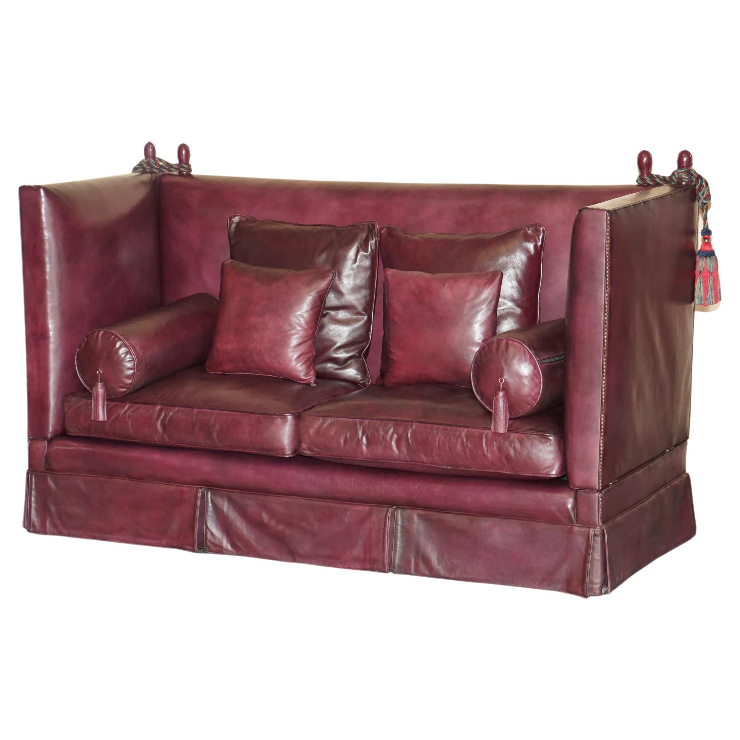 Fully Restored Antique Victorian Oxblood Knoll Sofa Feather Filled Cushions For Sale