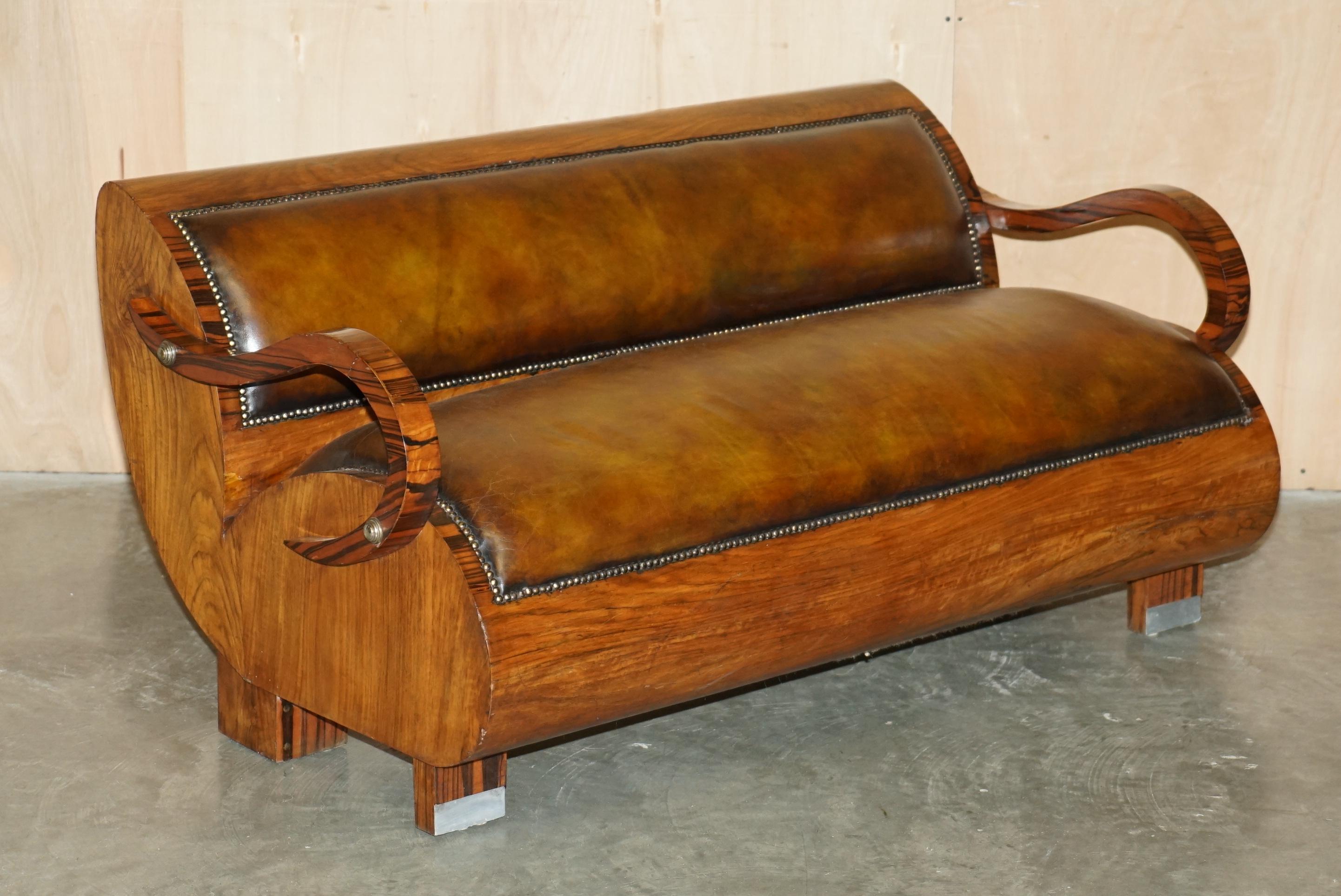 FULLY RESTORED ART DECO CIRCA 1920's ZEBRANO BROWN LEATHER SOFA ARMCHAIR SUITE For Sale 6