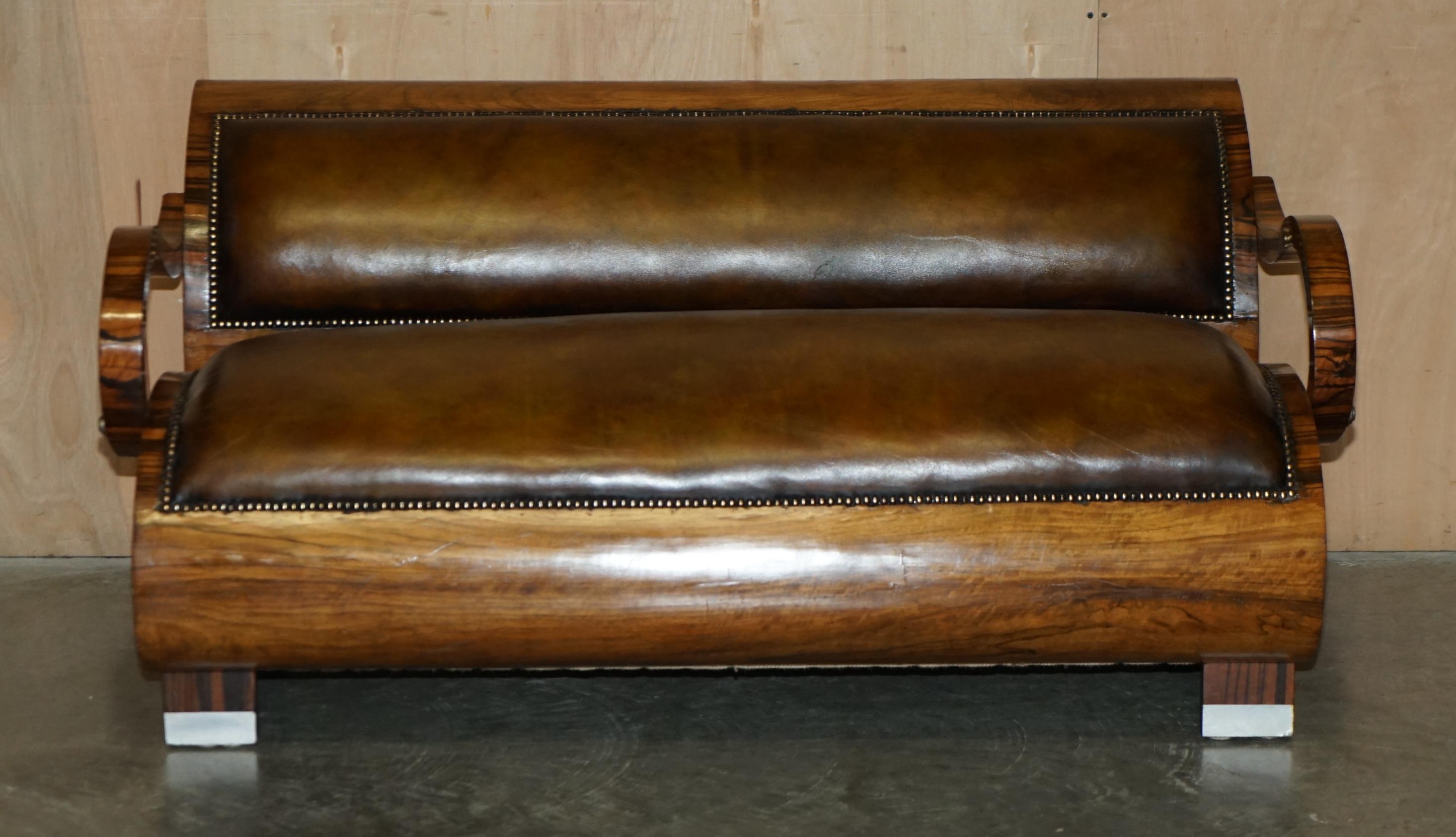 FULLY RESTORED ART DECO CIRCA 1920's ZEBRANO BROWN LEATHER SOFA ARMCHAIR SUITE For Sale 7