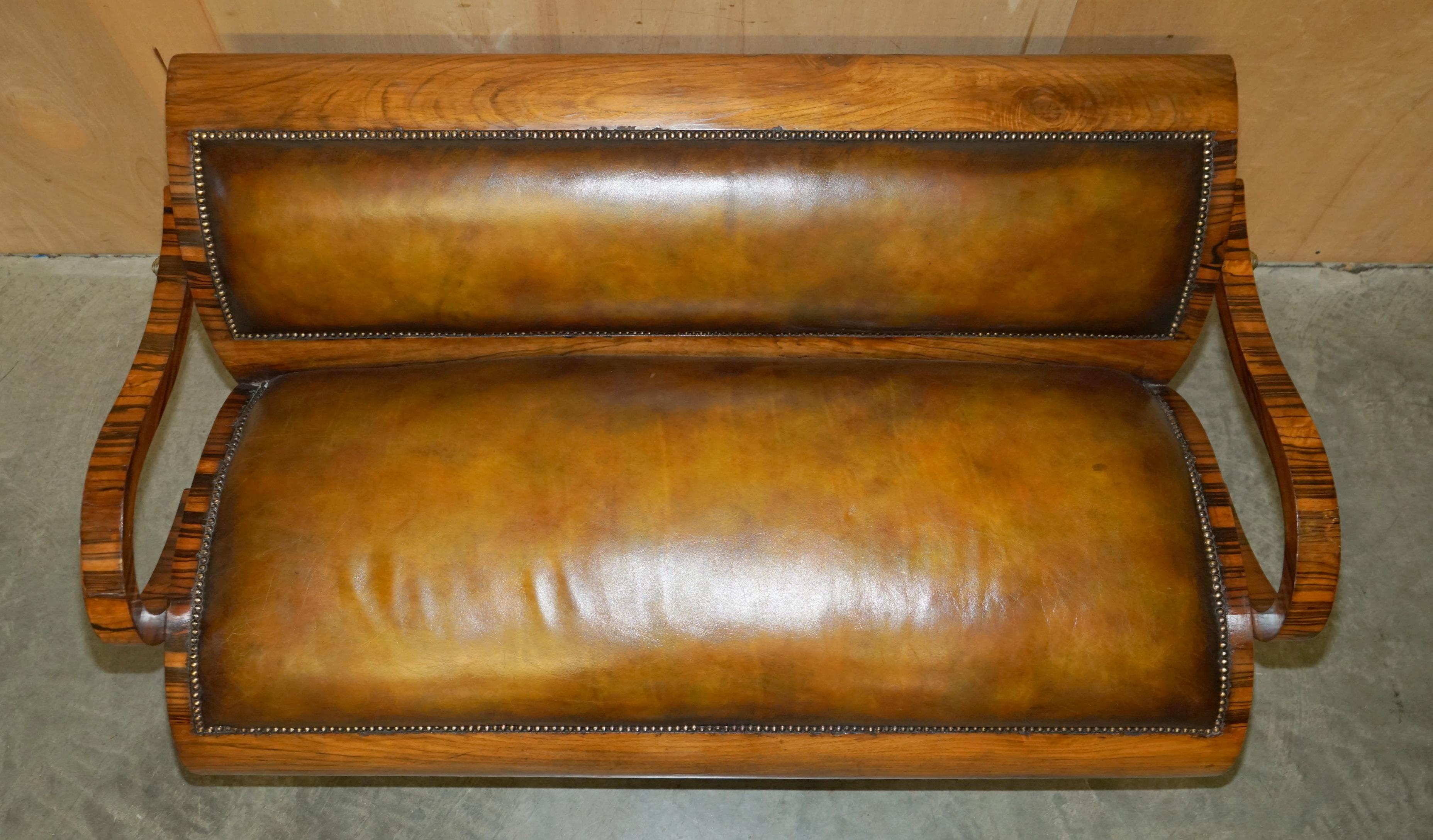 FULLY RESTORED ART DECO CIRCA 1920's ZEBRANO BROWN LEATHER SOFA ARMCHAIR SUITE For Sale 11