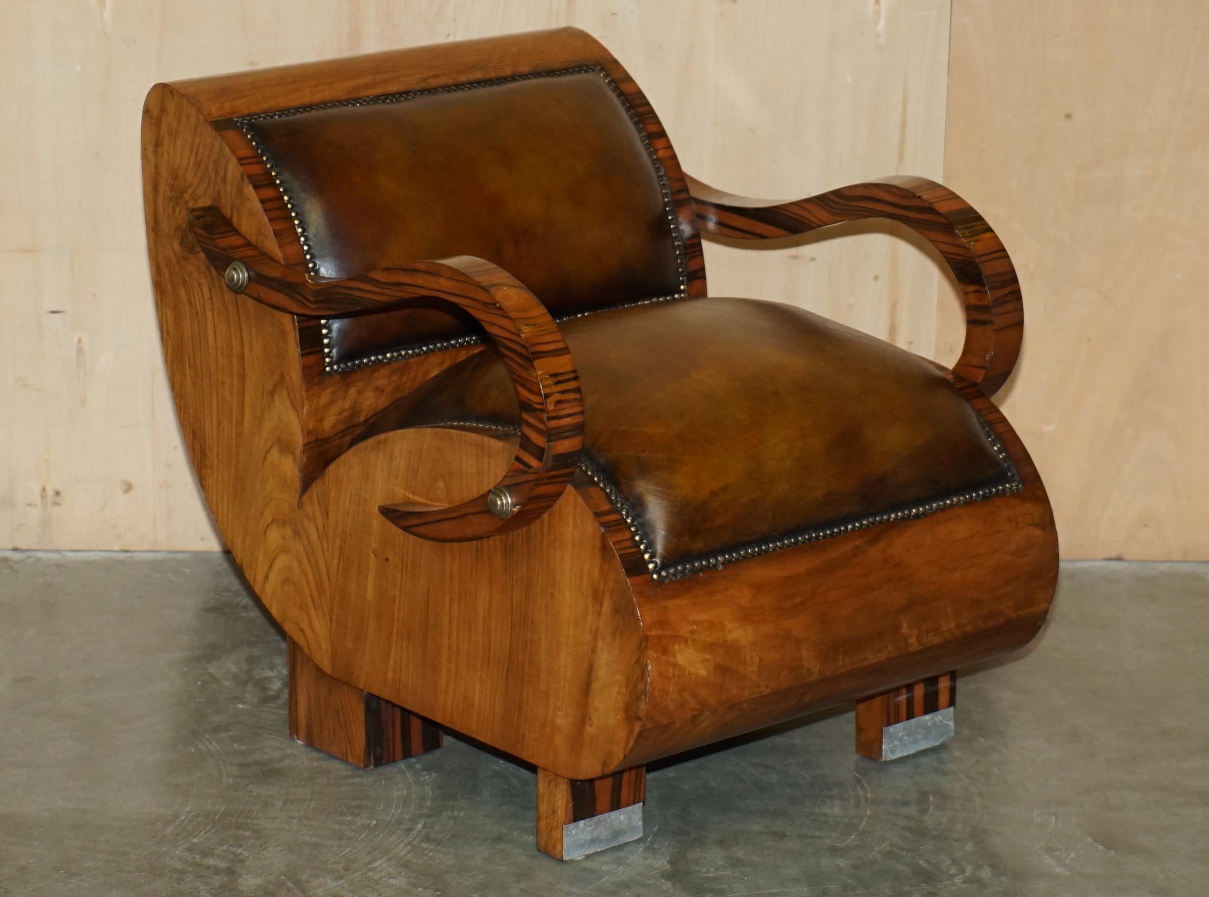 Art Deco FULLY RESTORED ART DECO CIRCA 1920's ZEBRANO BROWN LEATHER SOFA ARMCHAIR SUITE For Sale