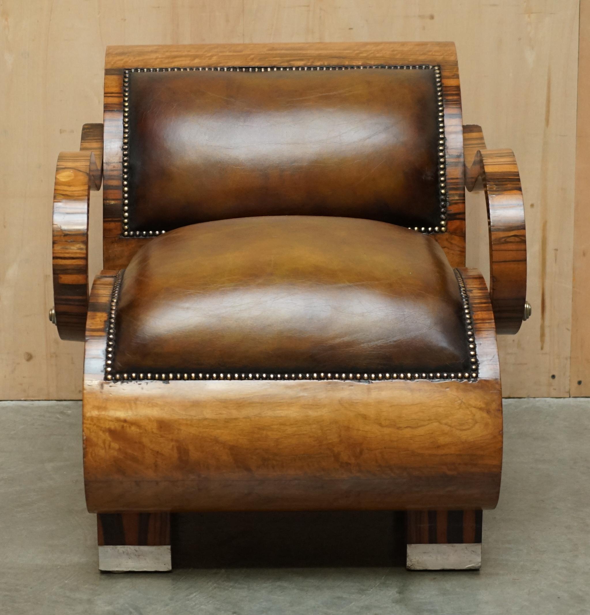 English FULLY RESTORED ART DECO CIRCA 1920's ZEBRANO BROWN LEATHER SOFA ARMCHAIR SUITE For Sale