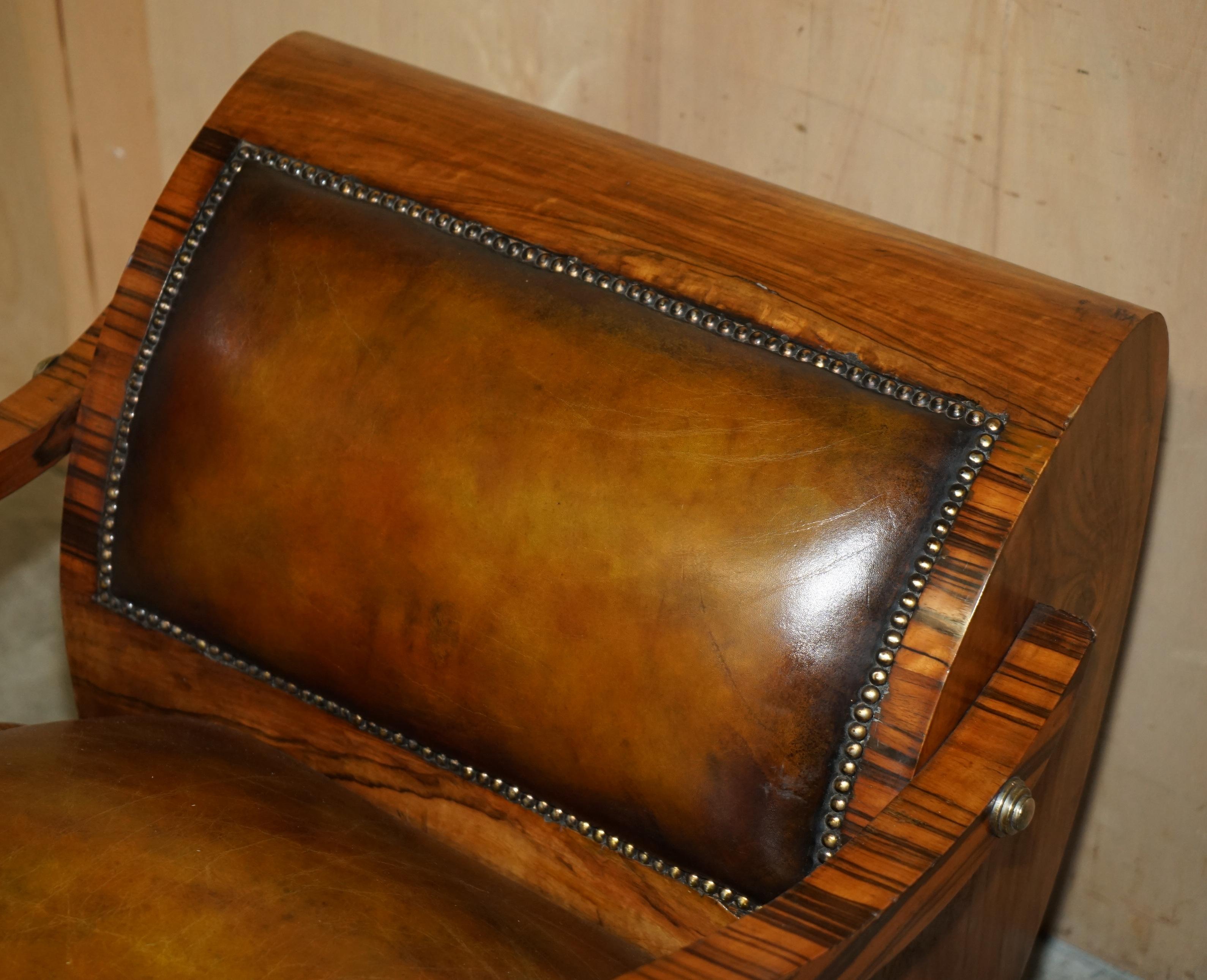 Hand-Crafted FULLY RESTORED ART DECO CIRCA 1920's ZEBRANO BROWN LEATHER SOFA ARMCHAIR SUITE For Sale