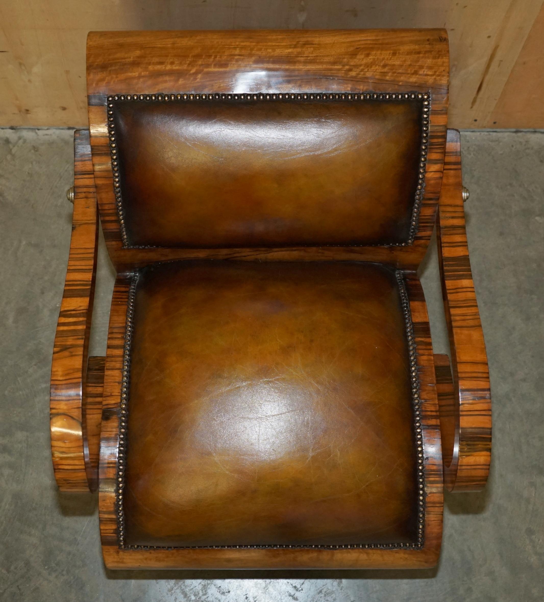 Early 20th Century FULLY RESTORED ART DECO CIRCA 1920's ZEBRANO BROWN LEATHER SOFA ARMCHAIR SUITE For Sale