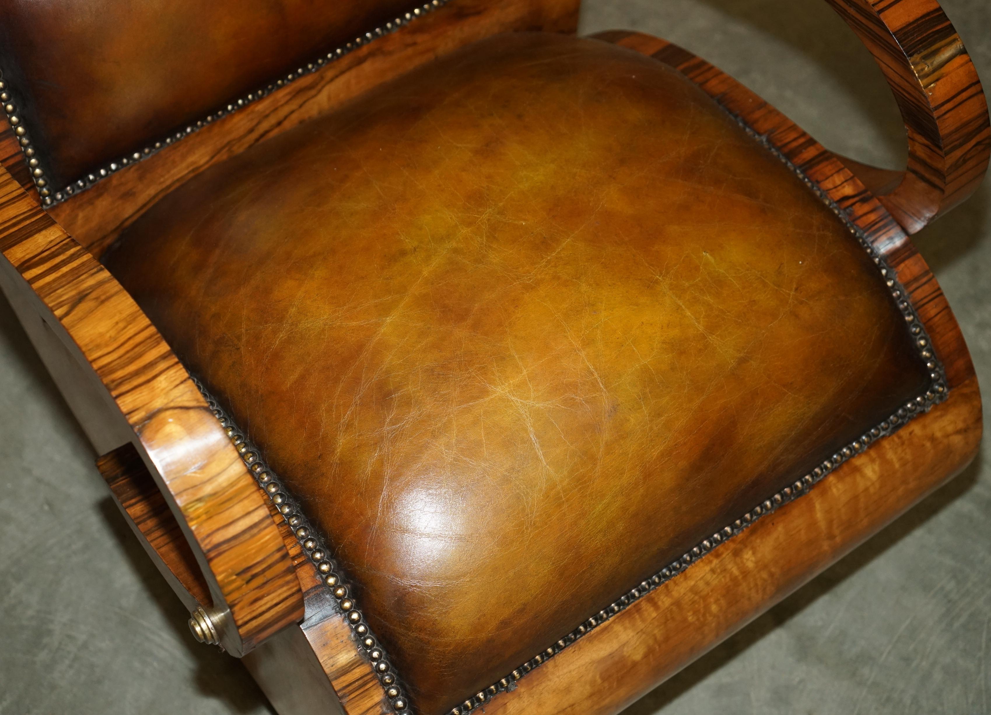 Leather FULLY RESTORED ART DECO CIRCA 1920's ZEBRANO BROWN LEATHER SOFA ARMCHAIR SUITE For Sale