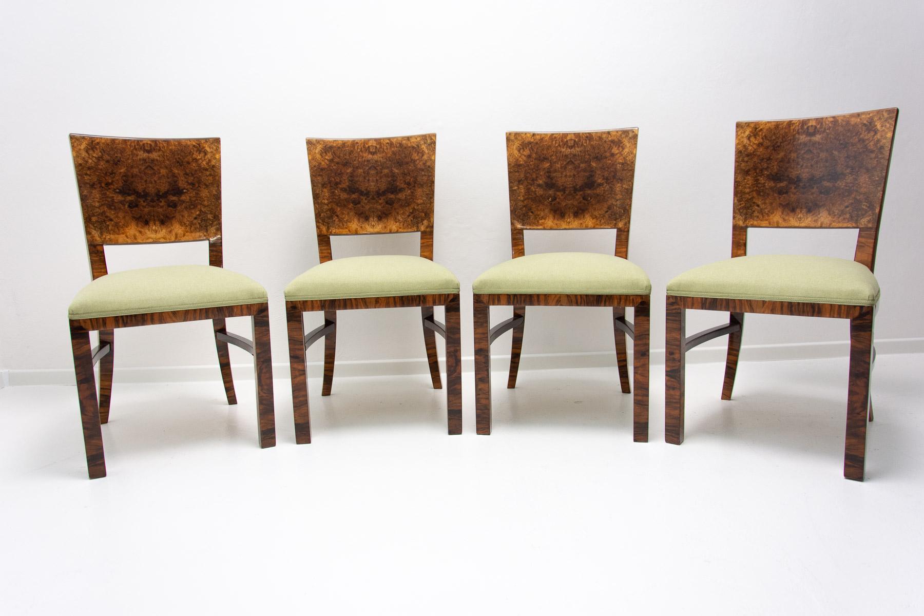 These dining chairs were made in the ART DECO style in the former Czechoslovakia in the 1930´s.

Made of walnut. Fully renovated, varnished to a high gloss with polyurethane, new upholstery.

In excellent condition.

Price is for the set of 4.

