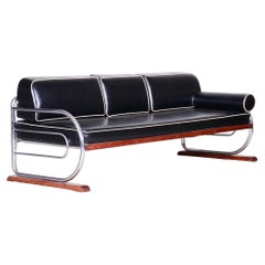 Fully Restored Bauhaus Black Leather Tubular Chrome Sofa by Robert Slezák, 1930s