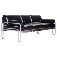 Fully Restored Bauhaus Black Leather Tubular Chrome Sofa by Robert Slezák, 1930s