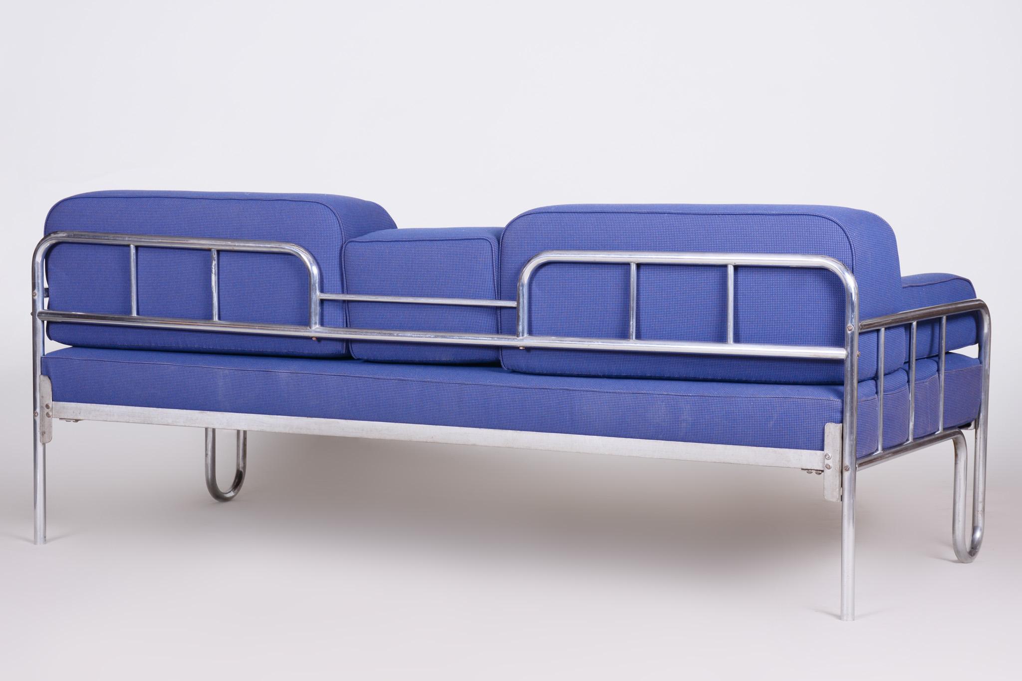 Vollständig restauriertes blaues Bauhaus-Chrom-Sofa, Tschechien, 1930er Jahre (Tschechisch) im Angebot