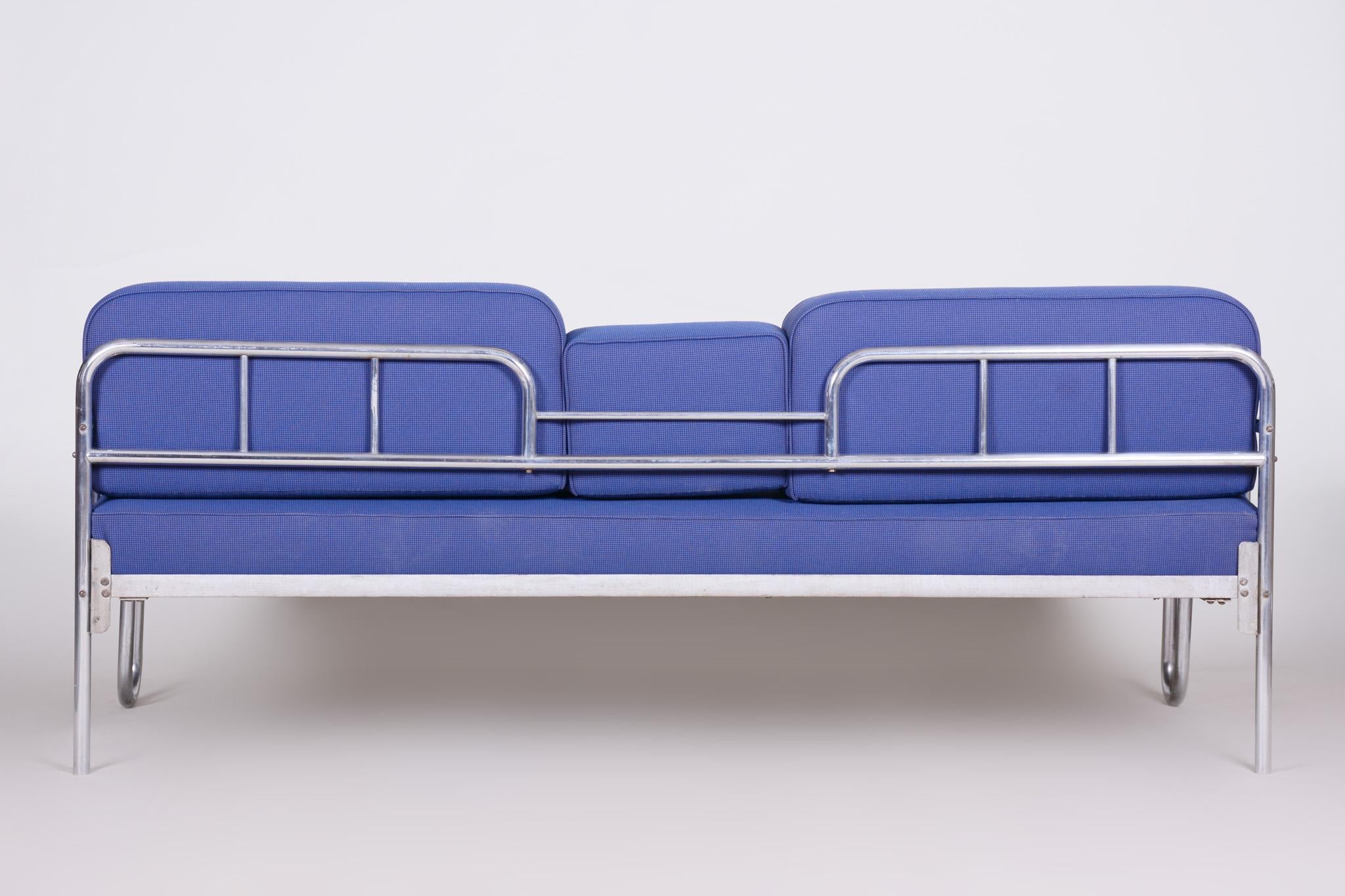 Leather Fully Restored Blue Bauhaus Chrome Sofa, 1930s Czechia For Sale